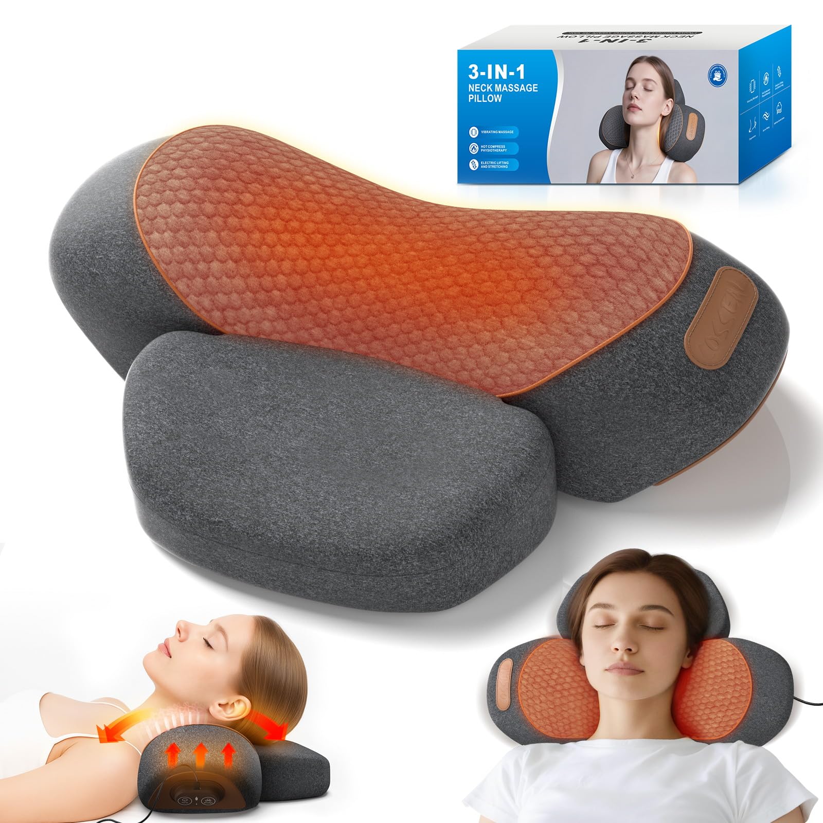 Travesseiro massageador de pescoço plug-in com calor, vibração e tração cervical, relaxante de ombro elétrico com fio para pescoço para escritório em casa