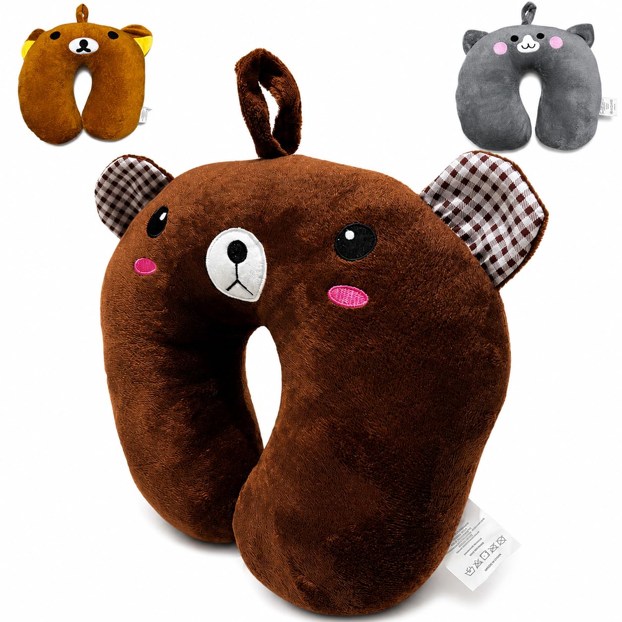 Almofada de Pescoço Infantil 24cm Animais Pelúcia Premium | Poliéster, Animais Sortidos, Confortável Para Viagem, Material Respirável