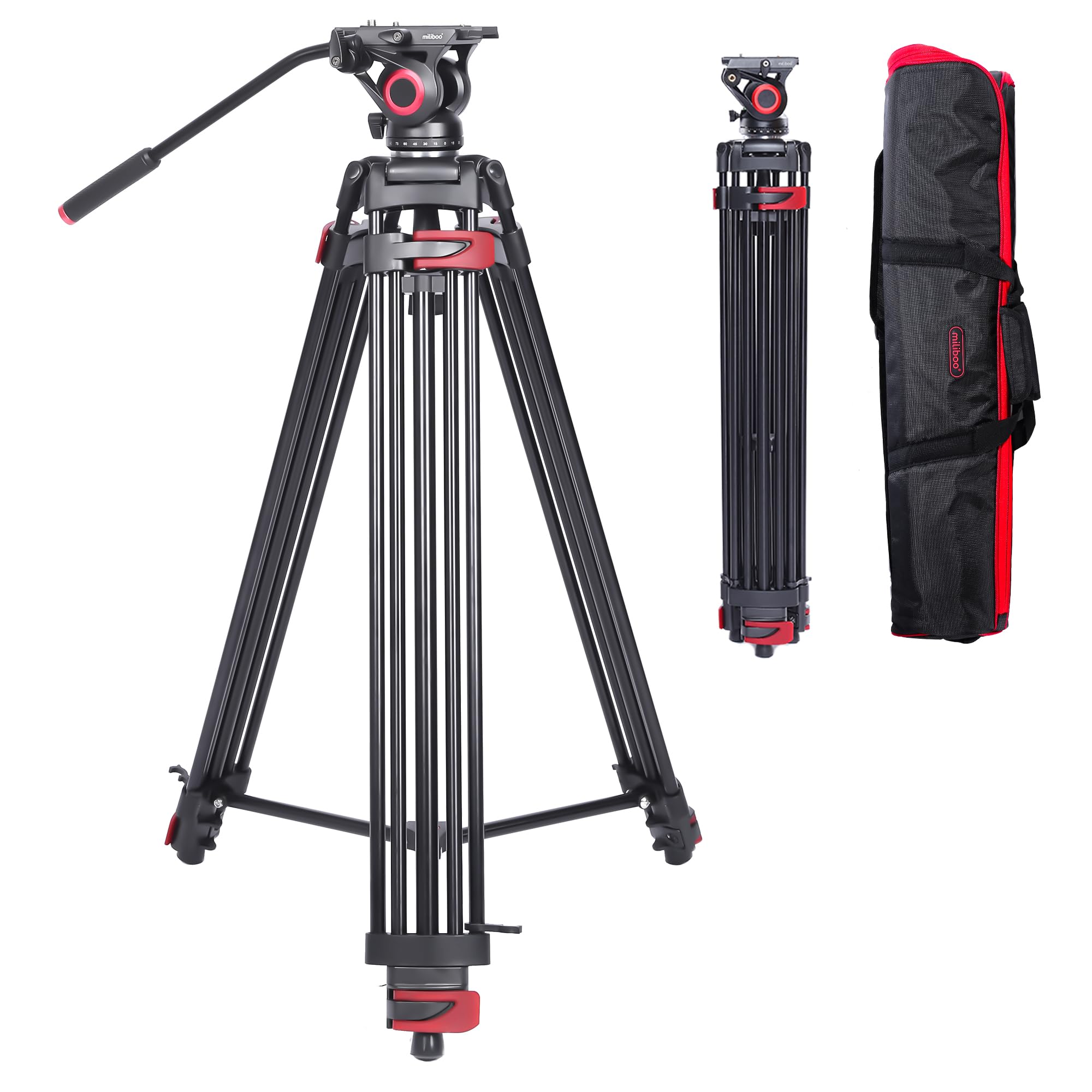 miliboo Tripés de Câmeras Tripe Fotografico Profissional Tripé com Cabeça Hidráulica, Tripé de 195 cm de altura, Carga de 10 kg, Conector de 75 mm, Alumínio, Modelo Extraalto MTT602II-AL