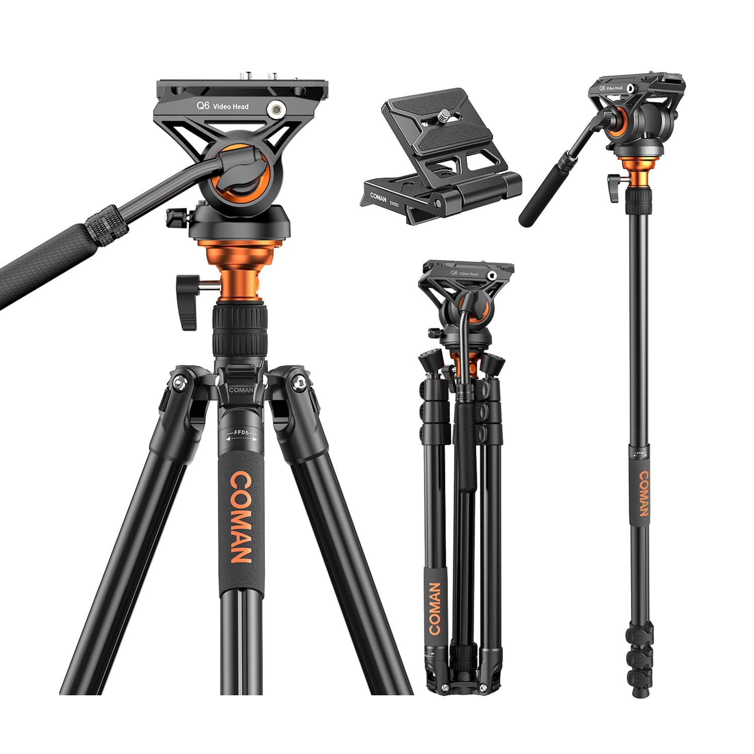 Tripé de cabeça de fluido, tripé de vídeo COMAN, liga de alumínio, 180 cm para câmera Canon Nikon Sony DSLR