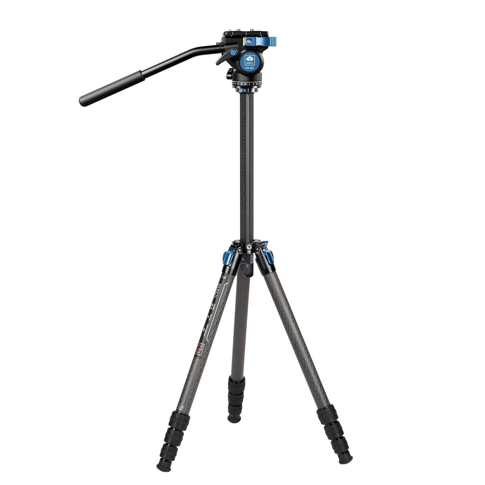 SIRUI Tripé de fibra de carbono ST-124+VA-5 com cabeça de vídeo fluido, coluna central triangular, impermeável, tripé de viagem para câmeras, 4 seções, 158 cm, carga 3 kg