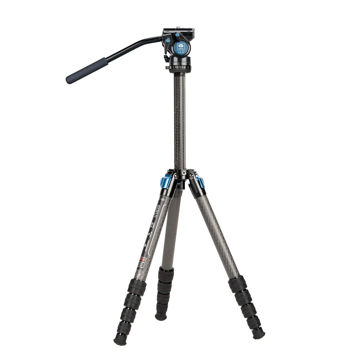SIRUI Tripé de fibra de carbono ST-125+VA-5 com cabeça de vídeo fluida, coluna central triangular, impermeável, tripé de viagem para câmeras, 4 seções, 158 cm, carga de 3 kg
