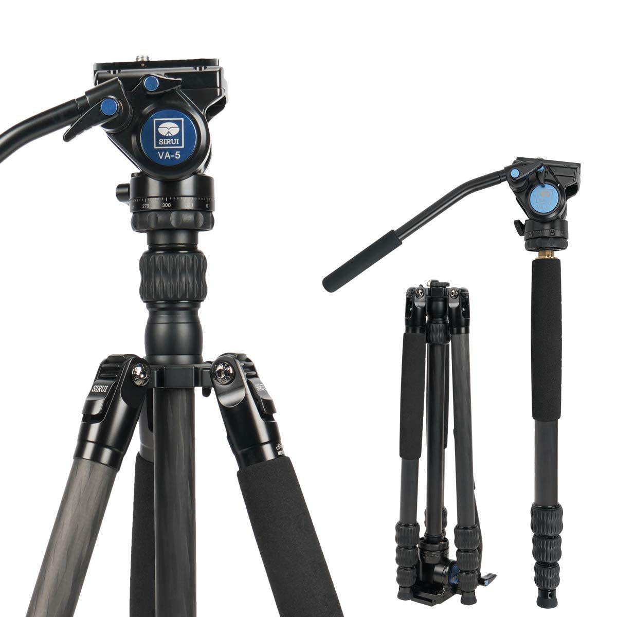 Sirui Tripé de vídeo de fibra de carbono 2 em 1 Traveler Series com cabeça de fluido VA-5 para câmeras, conversão de monopé, capacidade de carga de 14 kg, 162,6 polegadas, base panorâmica de 360°,
