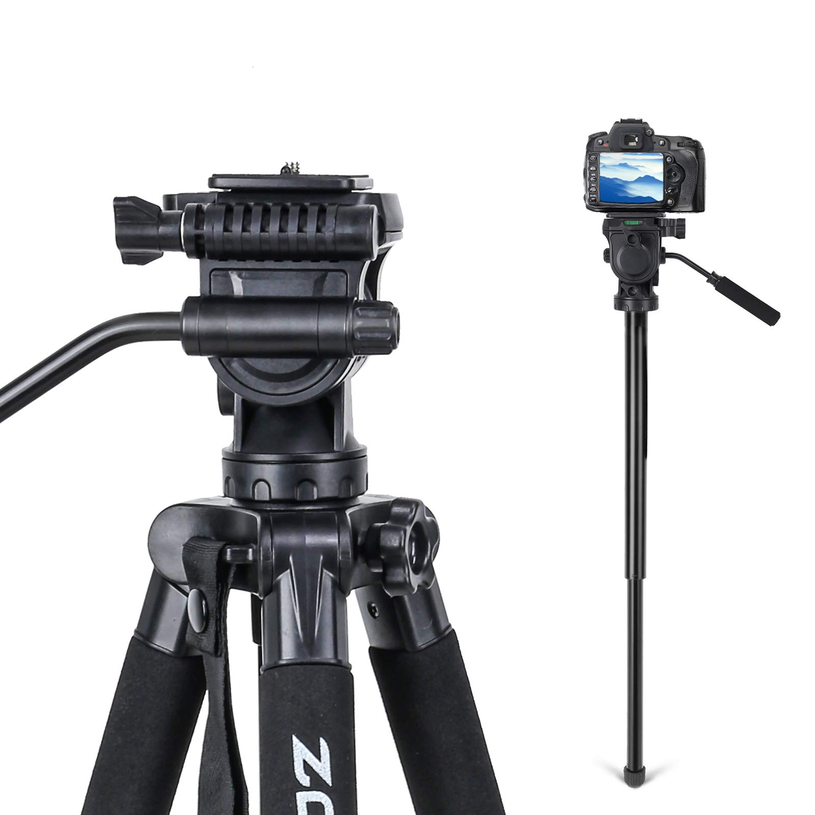 Tripé de vídeo com cabeça fluida, tripé estável com monopé 2 em 1, parafusos de 0,6 cm, cabeça de panela de arrastar fluido e bolsa de transporte para câmeras Nikon Canon, Sony, DSLR e filmadoras de