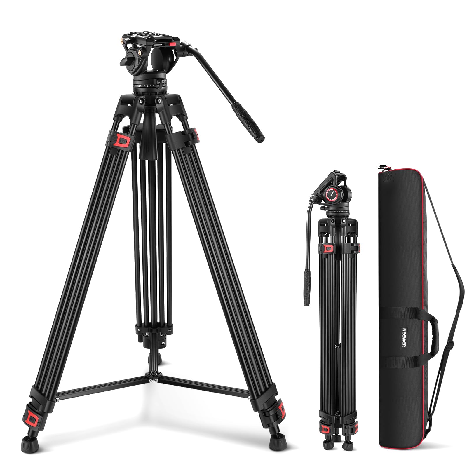 NEEWER Tripé de vídeo de 188 cm com cabeça fluida, placa QR, tripé de câmera resistente de alumínio profissional para câmeras DSLR filmadoras, carga máxima de 8 kg, TP74