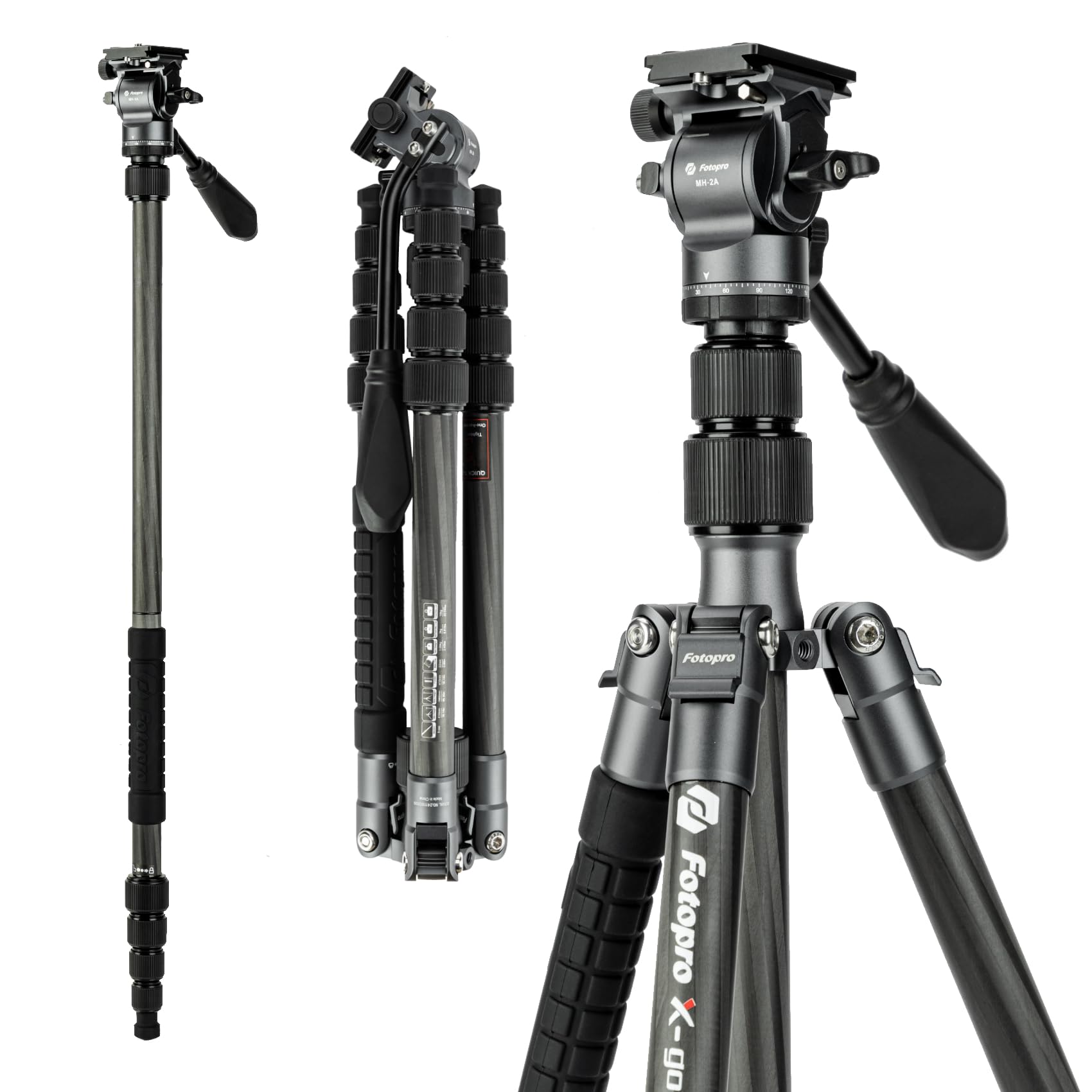 Fotopro Tripé de viagem de fibra de carbono de 150 cm, tripés de vídeo compactos com cabeça fluida, monopé removível com placa de liberação rápida e bolsa, tripé de câmera de até 8 kg