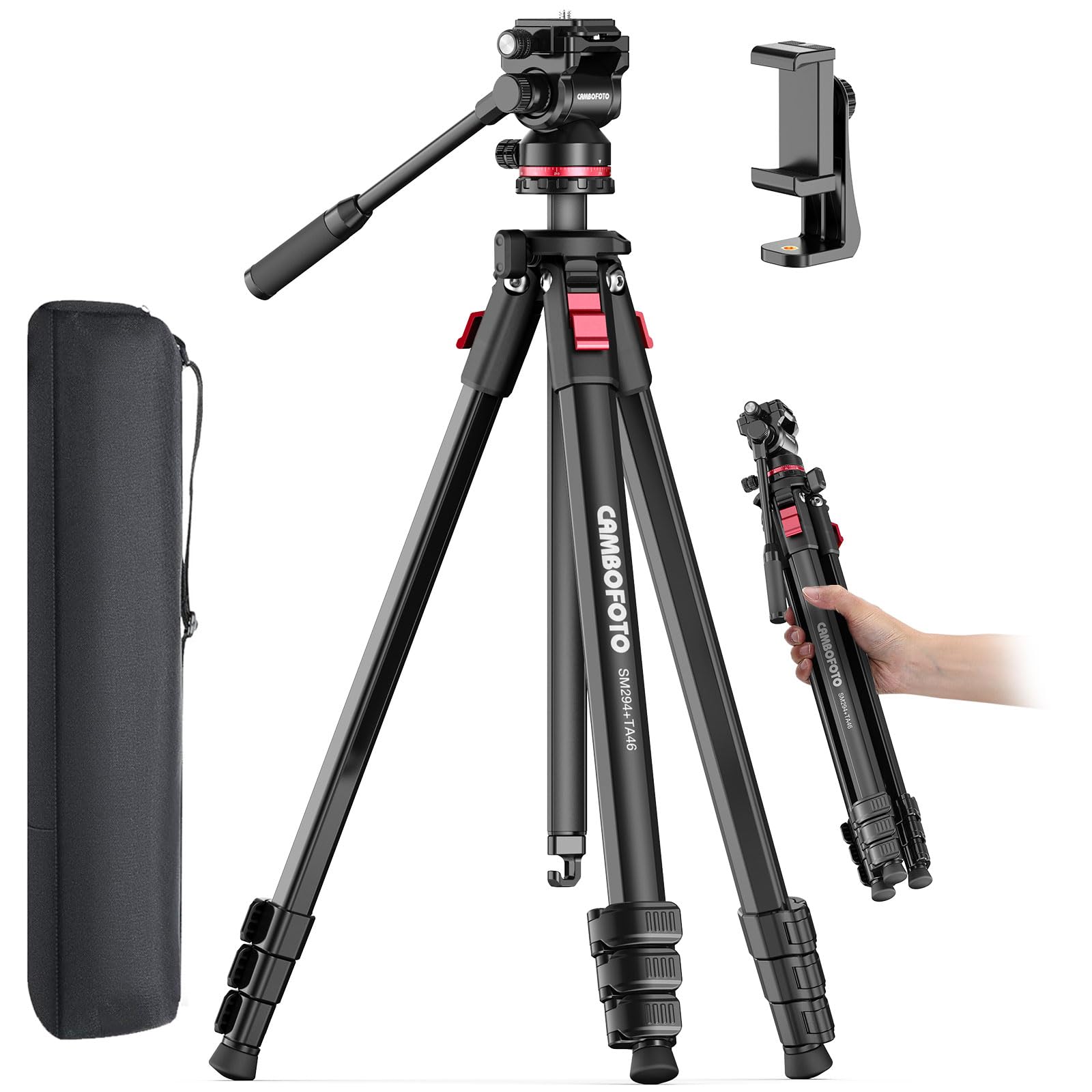 CAMBOFOTO Tripé de câmera com cabeça fluida de 172 cm, tripé profissional de vídeo de viagem para câmera DSLR, filmadoras, binóculos, telescópio, carga máxima de 4 kg, preto