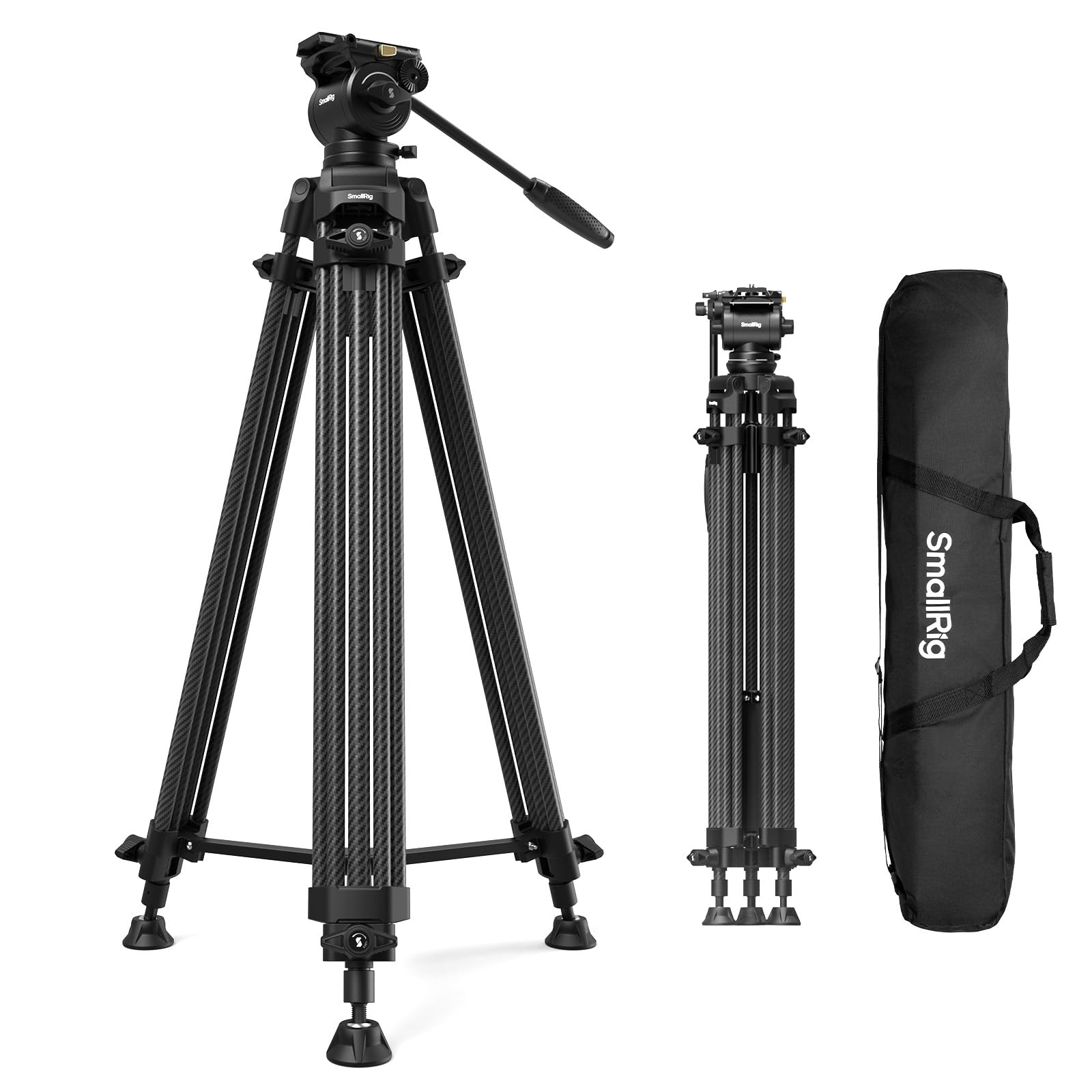 SMALLRIG Tripé de vídeo resistente de fibra de carbono de 185 cm, carga máxima de 10 kg, cabeça fluida com faixa de inclinação de +85° a -78, tripé de câmera compacto peso 2,7 kg, altura dobrada 87 cm