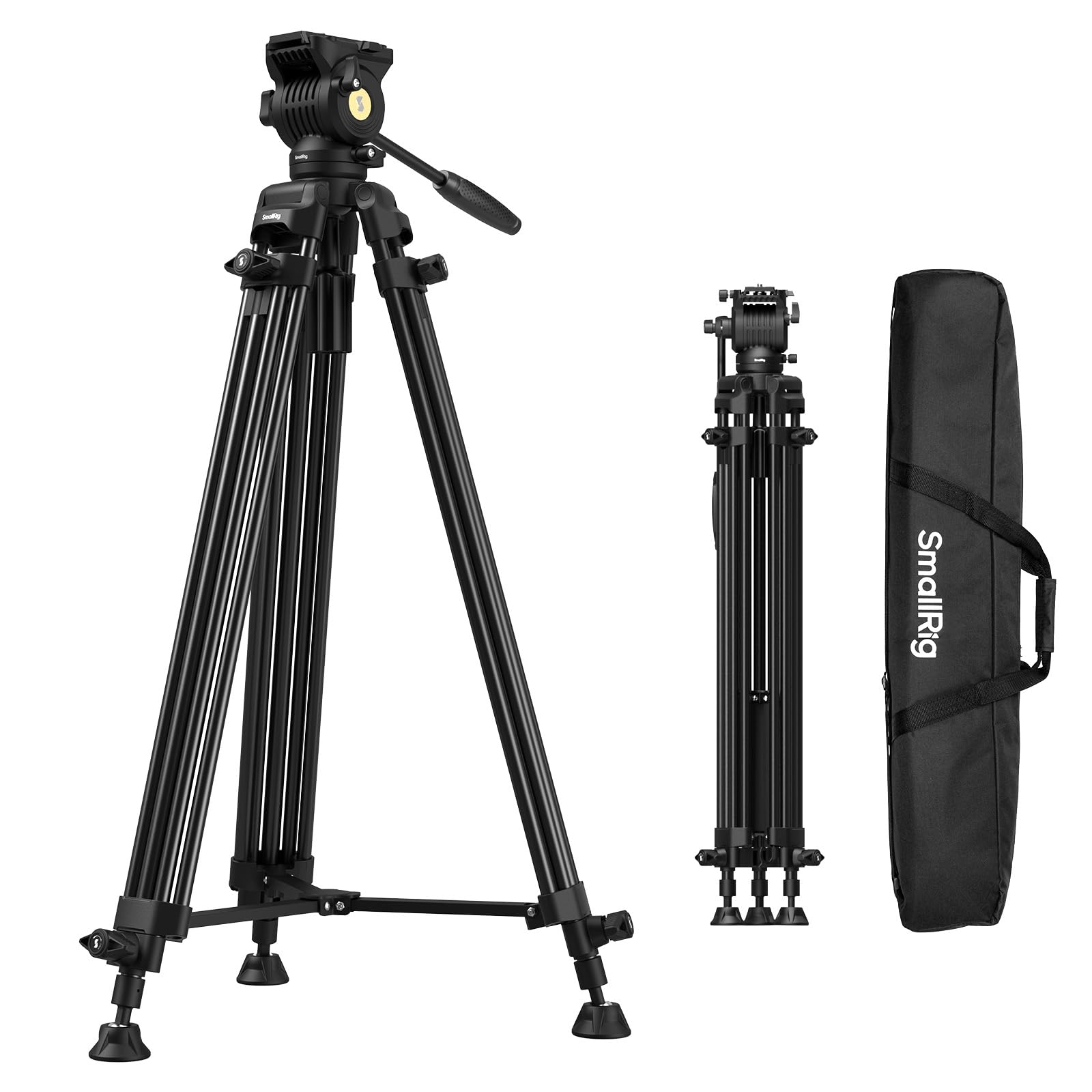 SMALLRIG Tripé de vídeo de liga de alumínio resistente de 186 cm, carga máxima de 8 kg, cabeça fluida com faixa de inclinação de 85° a -78, tripé compacto de viagem peso 3,1 kg, altura dobrada 88 cm