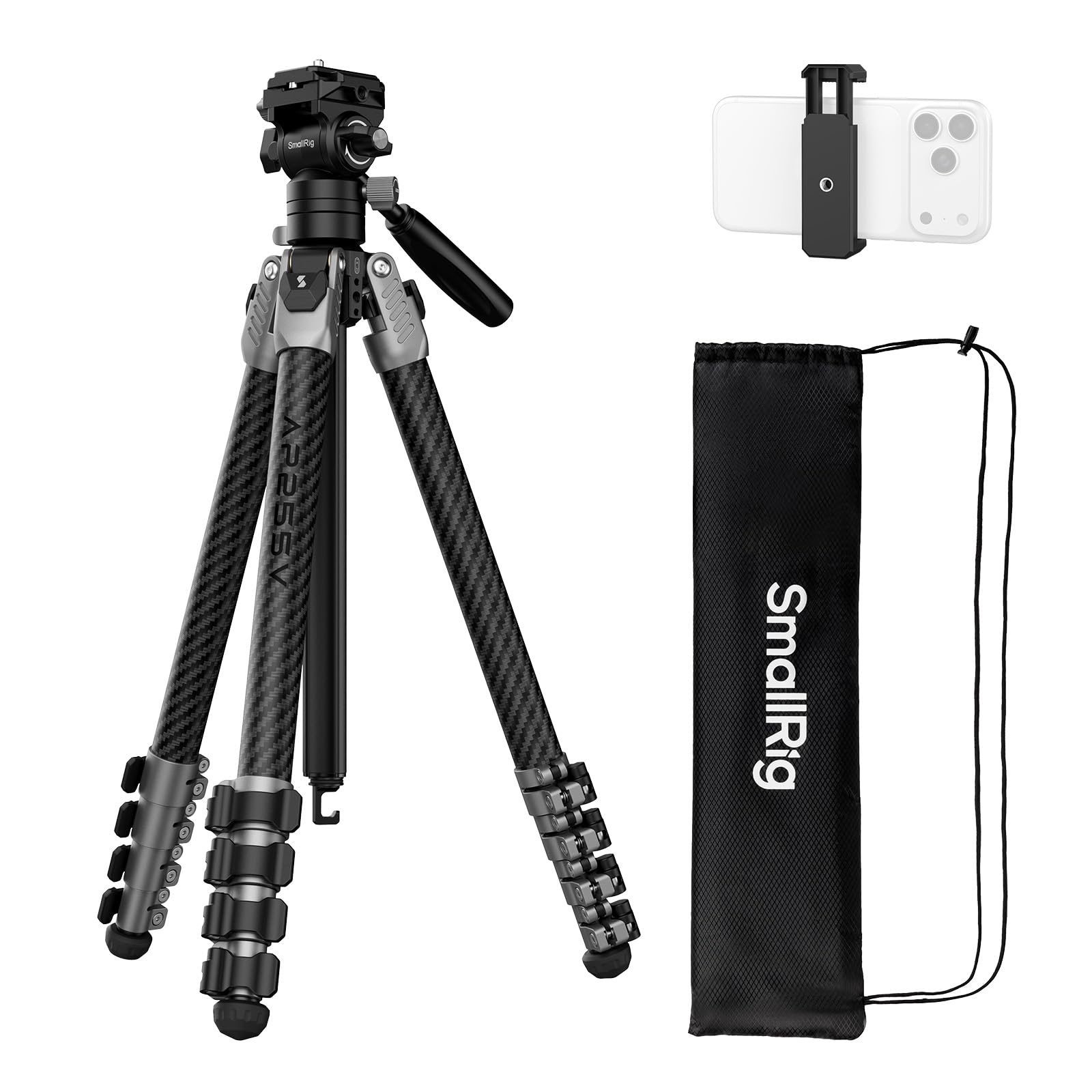 SmallRig Tripé portátil de viagem de 160 cm para iPhone e câmera, tripé de vídeo de fibra de carbono de 160 cm com tamanho compacto de 52 cm, mas cabeça fluida de carga de 3 kg para fotografia ao ar