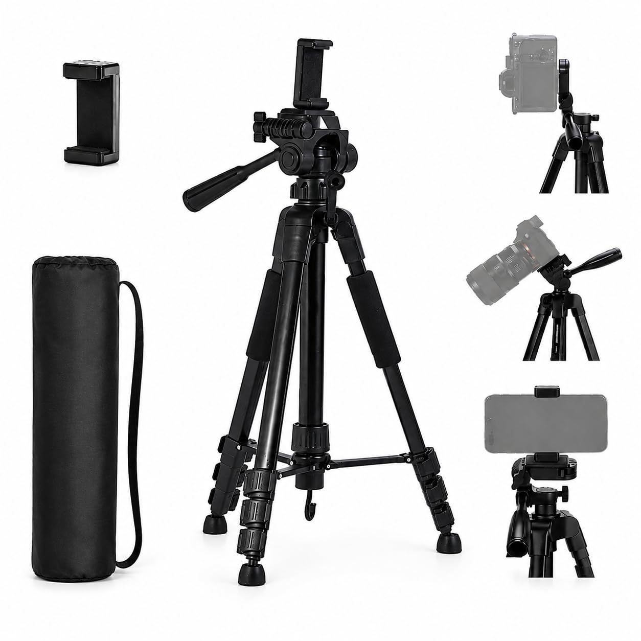 Tripé Profissional Semi-Hidraulico 180cm para Câmera e Celular, Ideal para Fotos, Vídeos, Lives e Gravações, com Suporte Universal, Ajuste de Altura, Travas Reforçadas e Bolsa de Transporte