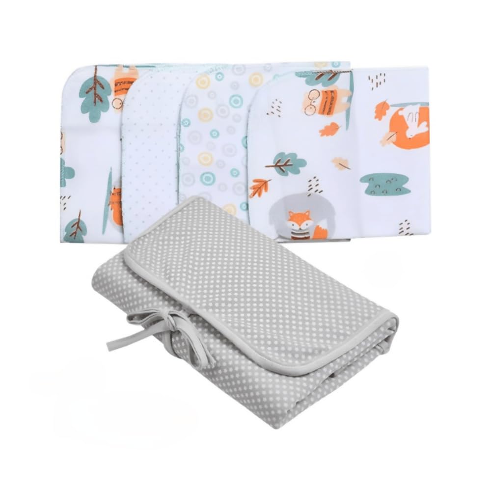 Kit Trocador Portátil Estrelinhas 66cm x 40cm + Paninho de Boca Bosque 32cm x 32cm (4 Unidades) – Conforto, Praticidade e Funcionalidade para o Dia a Dia do Bebê