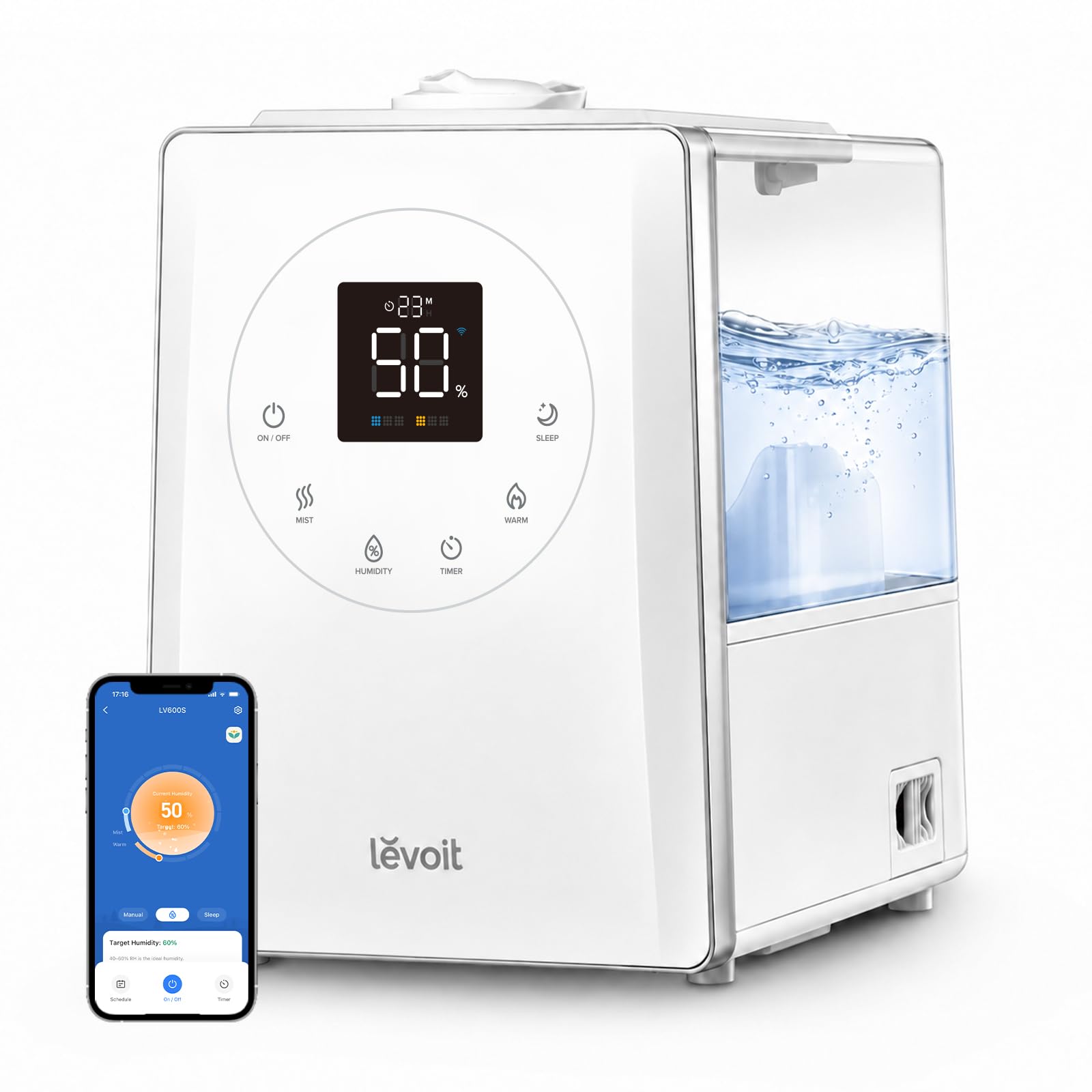 LEVOIT LV600S umidificadores inteligentes de névoa quente e fria para casa, quarto, sala grande, (6 litros), cobertura de 753 m², umidificação rápida e uniforme em toda a casa, fácil preenchimento