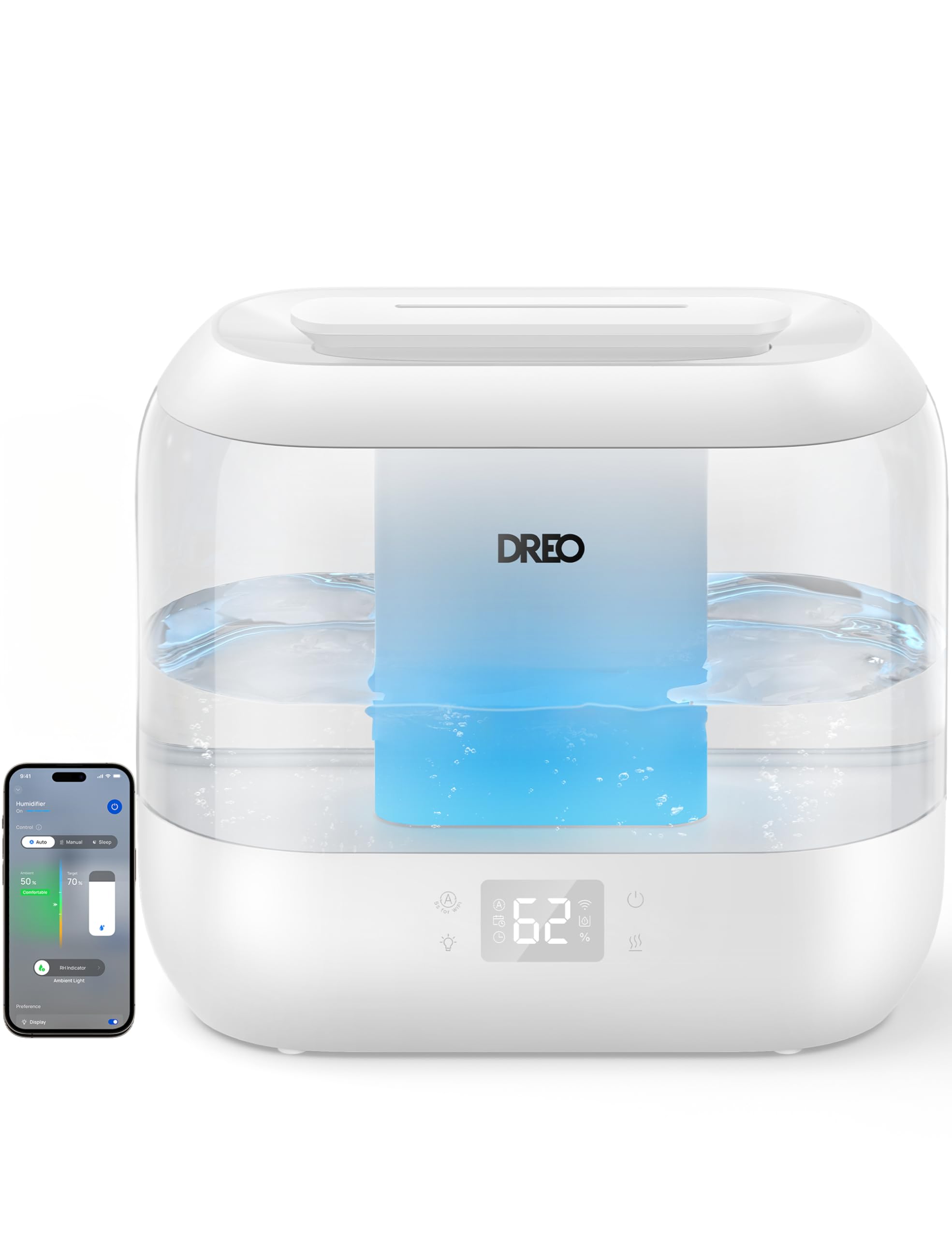 Dreo Umidificador inteligente, umidificadores de névoa fria para quarto, umidificadores ultrassônicos silenciosos de 4L para plantas de escritório em casa e bebês com luz noturna, tela de LED, tempo