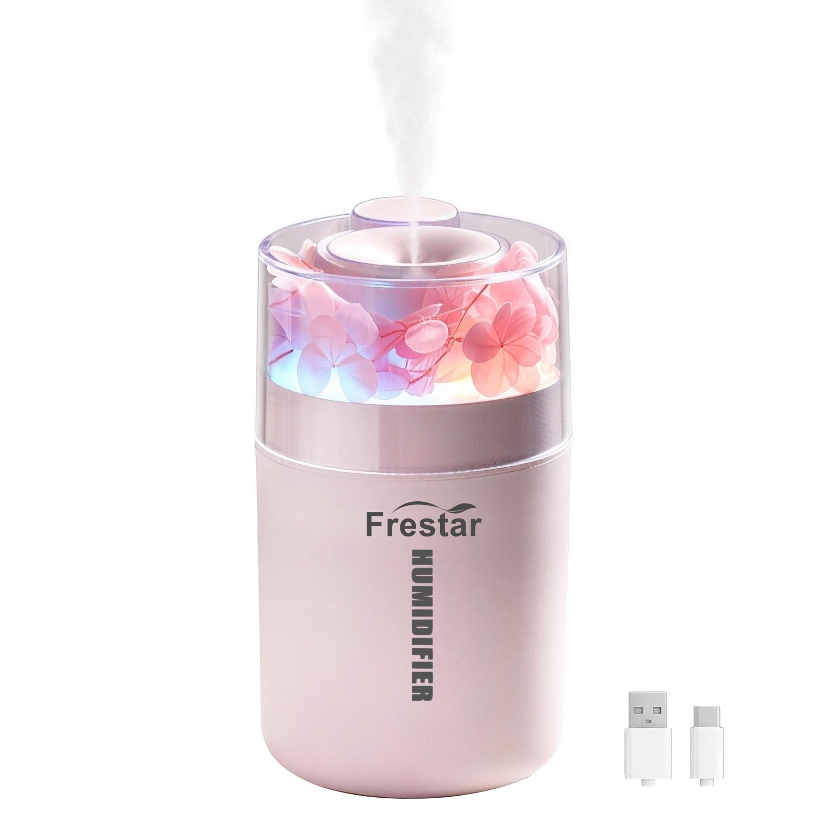 Mini umidificador de flores preservadas USB de 180 ml com luz noturna de LED de 7 cores, umidificador pessoal sem ruído, adequado para salas pequenas, escritório, carro, quarto e quarto do bebê e sem