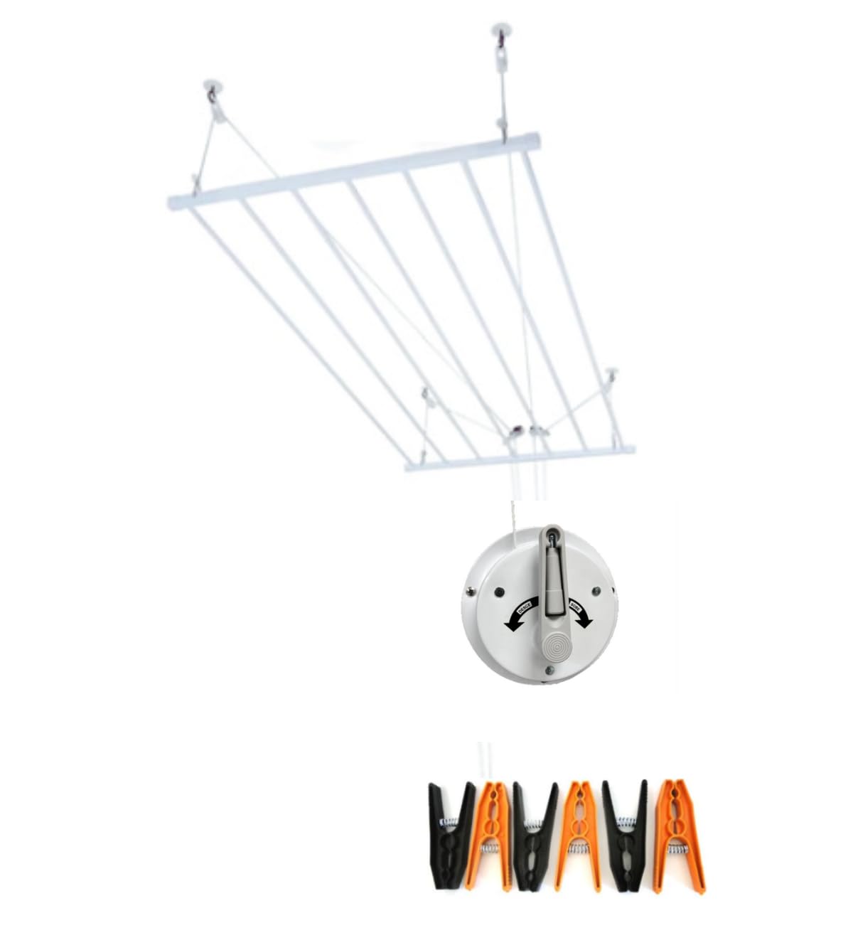 Varal de Teto Retrátil em Alumínio Reforçado Premium 100x60 cm com 8 Varetas, Manivela e Kit Completo de Instalação