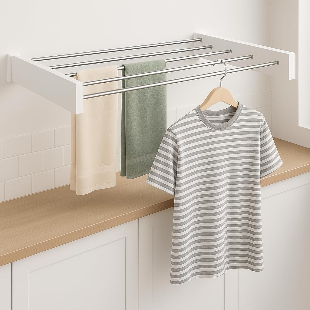 Varal Retrátil de Parede Recolhível 80 cm Aço Inoxidável Varal Secreto Reforçado com 5 Varetas para Casa Apartamento Branco