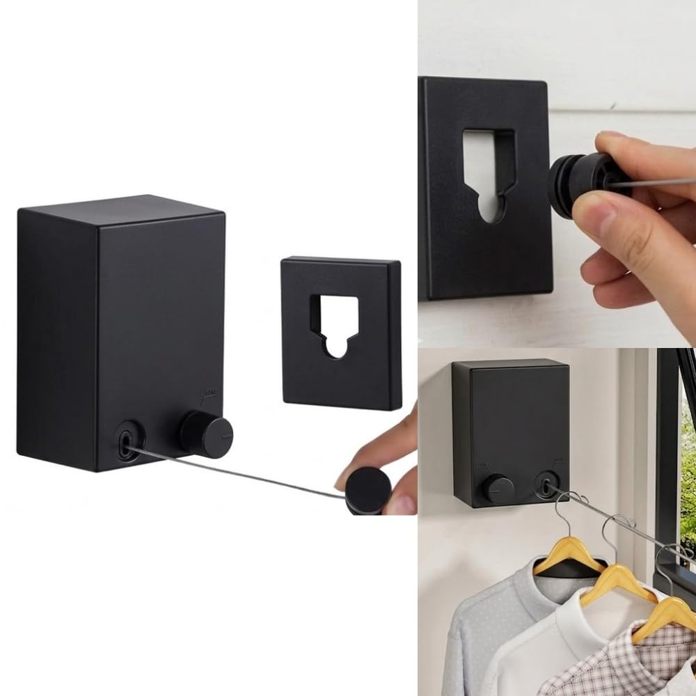 Varal Retrátil de Parede para Roupas - Varal Compacto para Apartamento Lavanderia - Fio Resistente de Aço Inoxídavel 4,2m Suporta até 20kg de Roupa - LealShop (Preto)