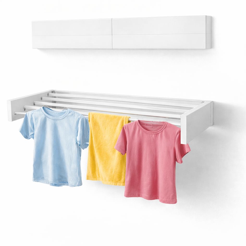 Varal de Parede Retrátil Dobrável 80cm I Estrutura em Alumínio Branco | 5 Varetas | Alumínio Resistente | Suporta até 5kg de Roupas Úmidas | Dobrável | Compacto | Ideal para Lavanderias