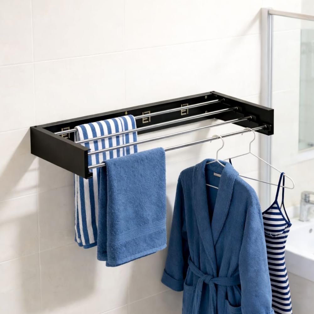 Varal de Parede Retrátil em Alumínio – Dobrável, Compacto, Resistente à Umidade – Ideal para Banheiro, Lavanderia e Apartamentos – Economia de Espaço (Preto)