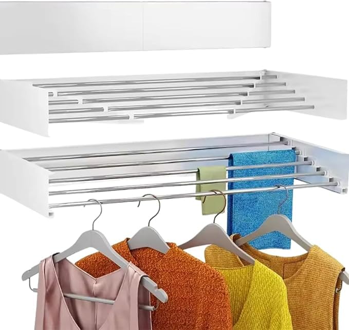 Varal Retrátil De Parede 80cm Mágico Dobrável 5 Varetas Alumínio Sanfonado Lavanderia Apartamento Compacto Invisível