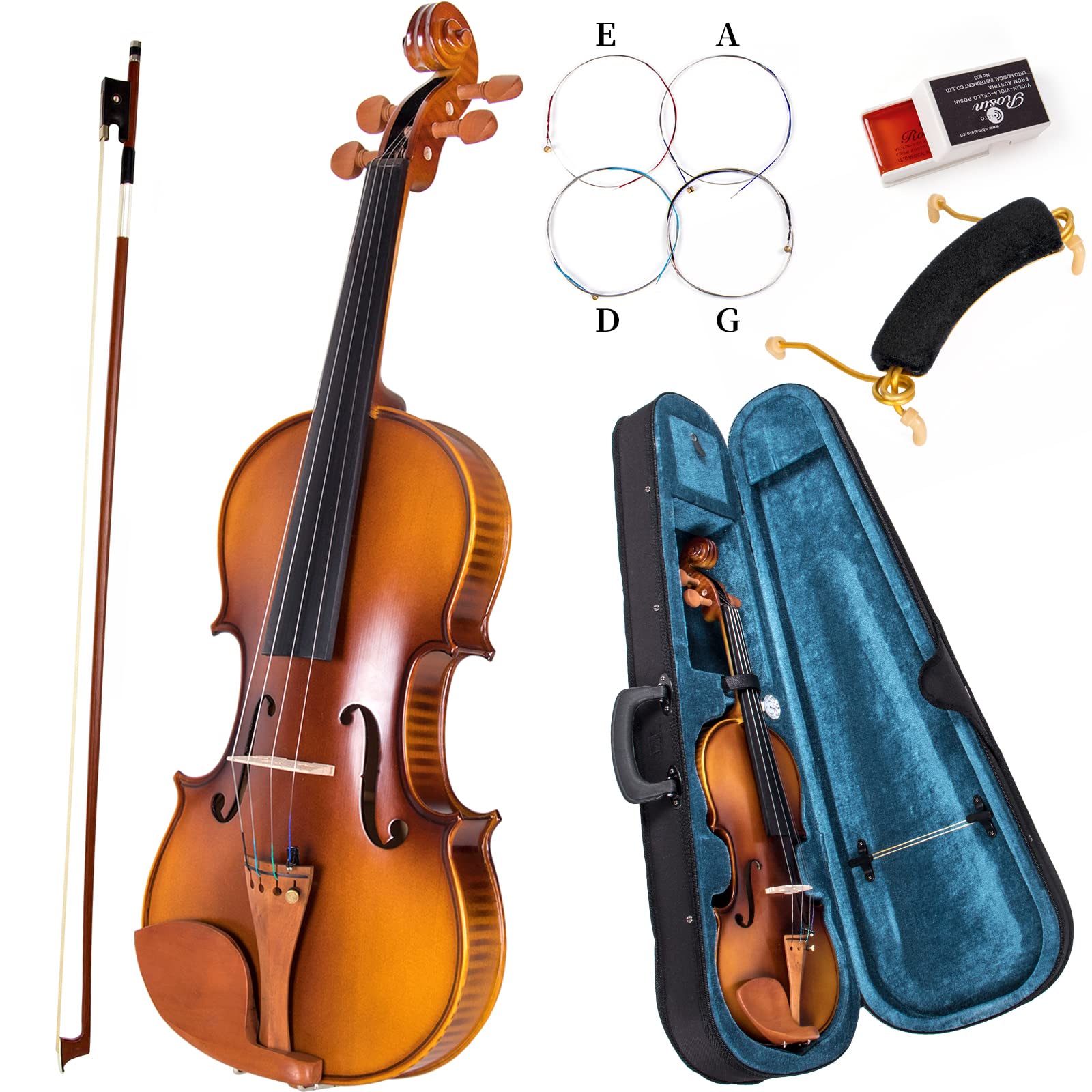 Violino 4/4 tamanho completo, violino acústico AKLOT para iniciantes adultos kit de bordo sólido profissional com higrômetro haste ombro arrastar cordas de resina forro azul Gig Bag