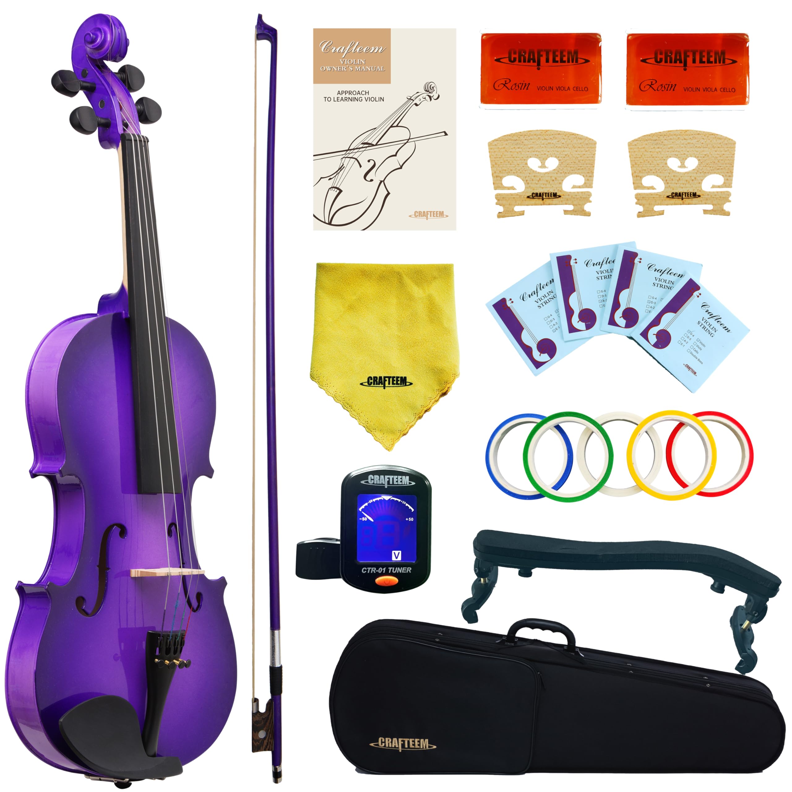 Crafteem Violino 4/4 tamanho completo roxo colorido premium roupa para iniciantes adultos crianças com fita de dedo de 5 cores - violino iniciante feito à mão para estudantes (roxo, 4/4 Full)