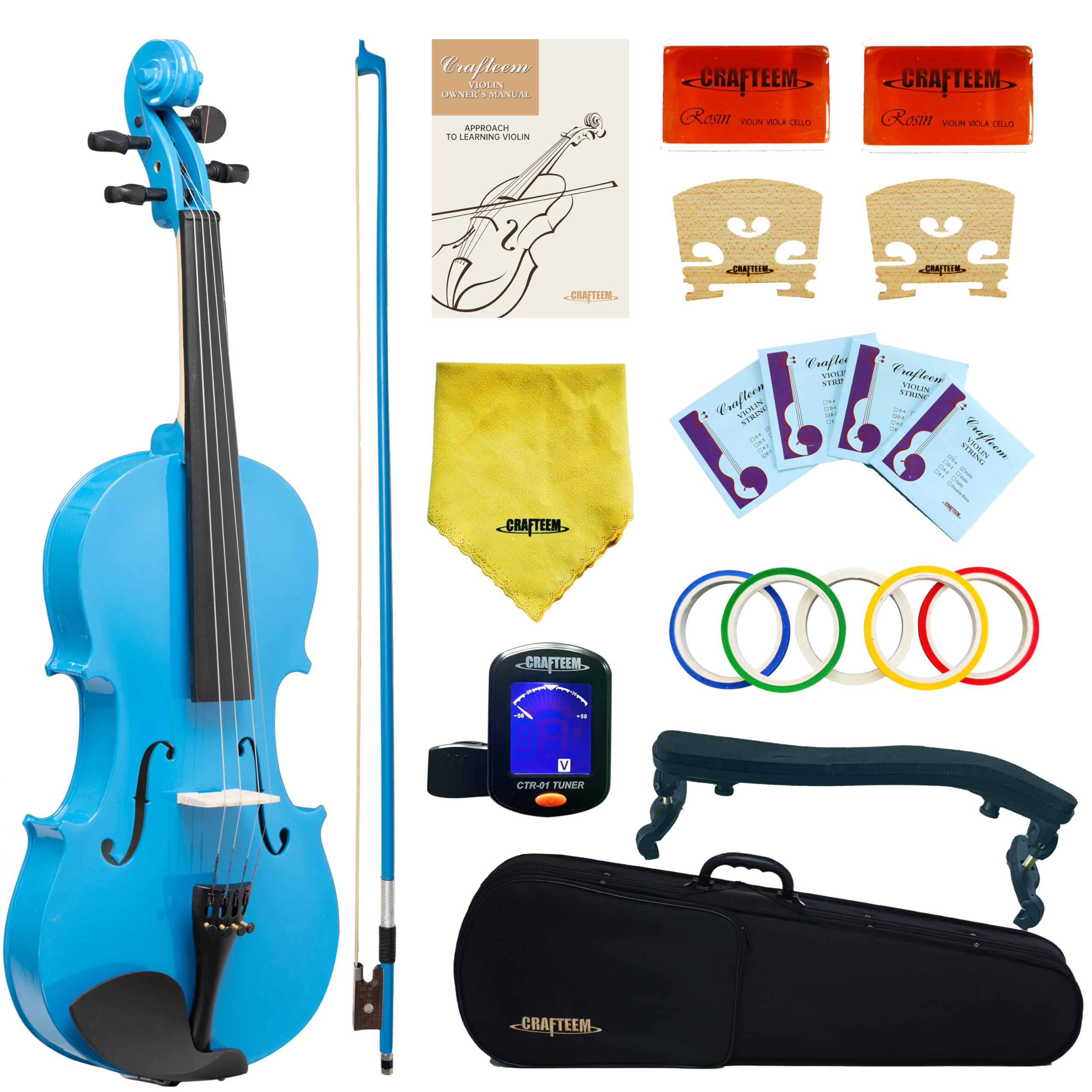 Crafteem Violino 4/4 tamanho completo violino azul colorido premium para iniciantes adultos crianças com fita de dedo de 5 cores - violino iniciante feito à mão (azul, 4/4 completo)