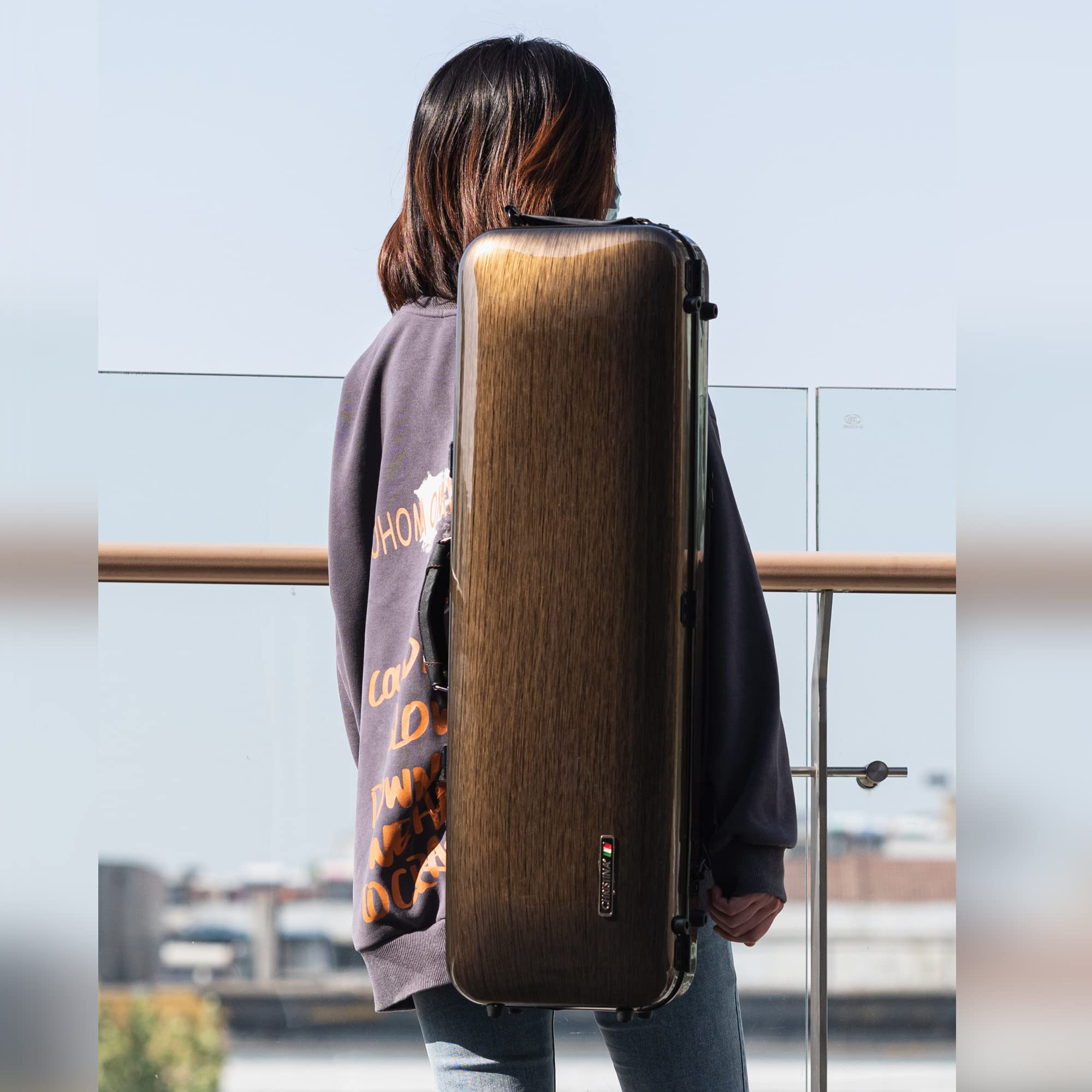 Christina Estojo de violino 4/4 tamanho completo, bolsa retangular de fibra de carbono de alta resistência para violino com cadeado de combinação e bolsa extra, estojo rígido dourado para violino