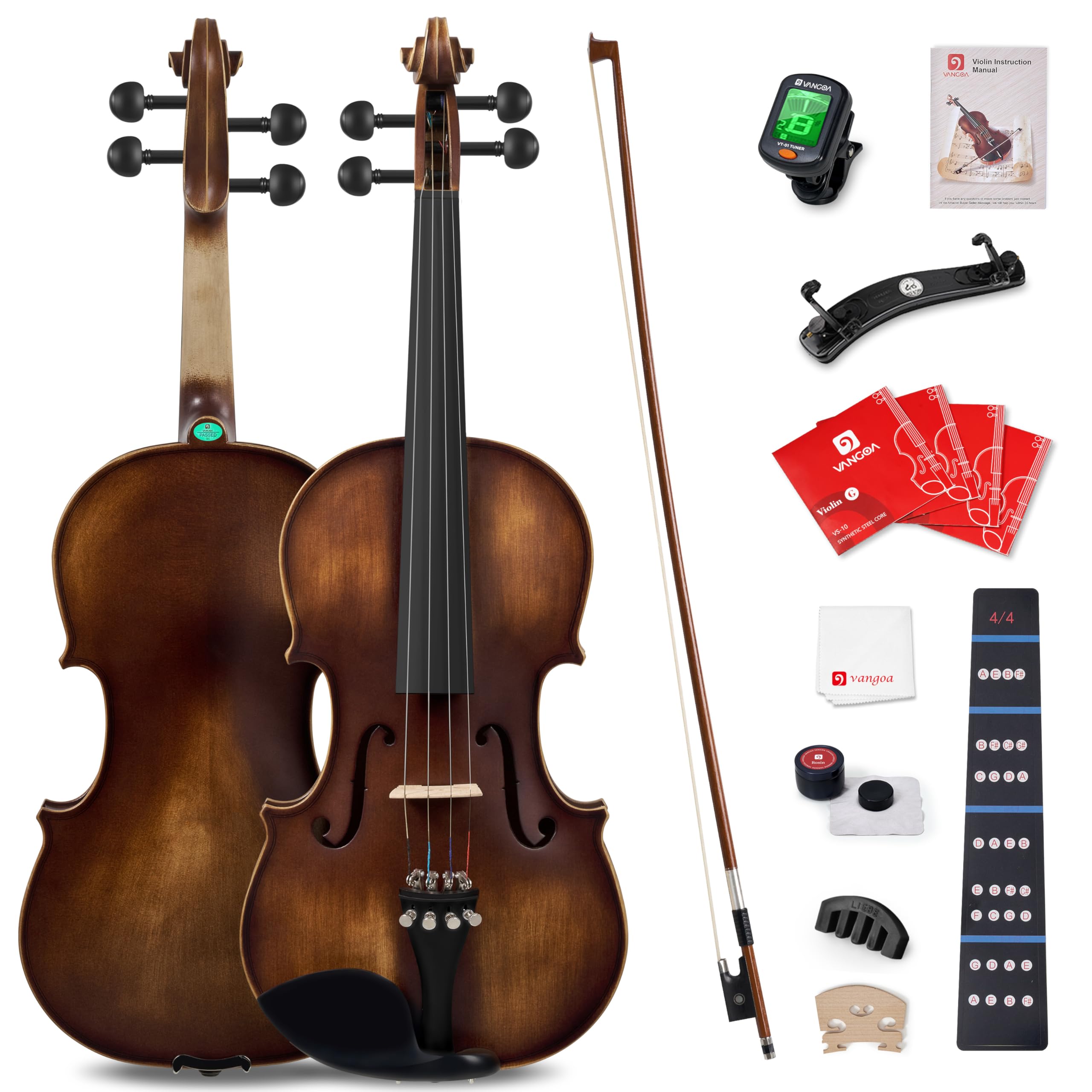 Vangoa Conjunto completo de violino 4/4, violino de madeira maciça para adultos profissionais iniciantes iniciantes estudante kit de violinos acústicos com encaixe de ébano, estojo rígido, destro