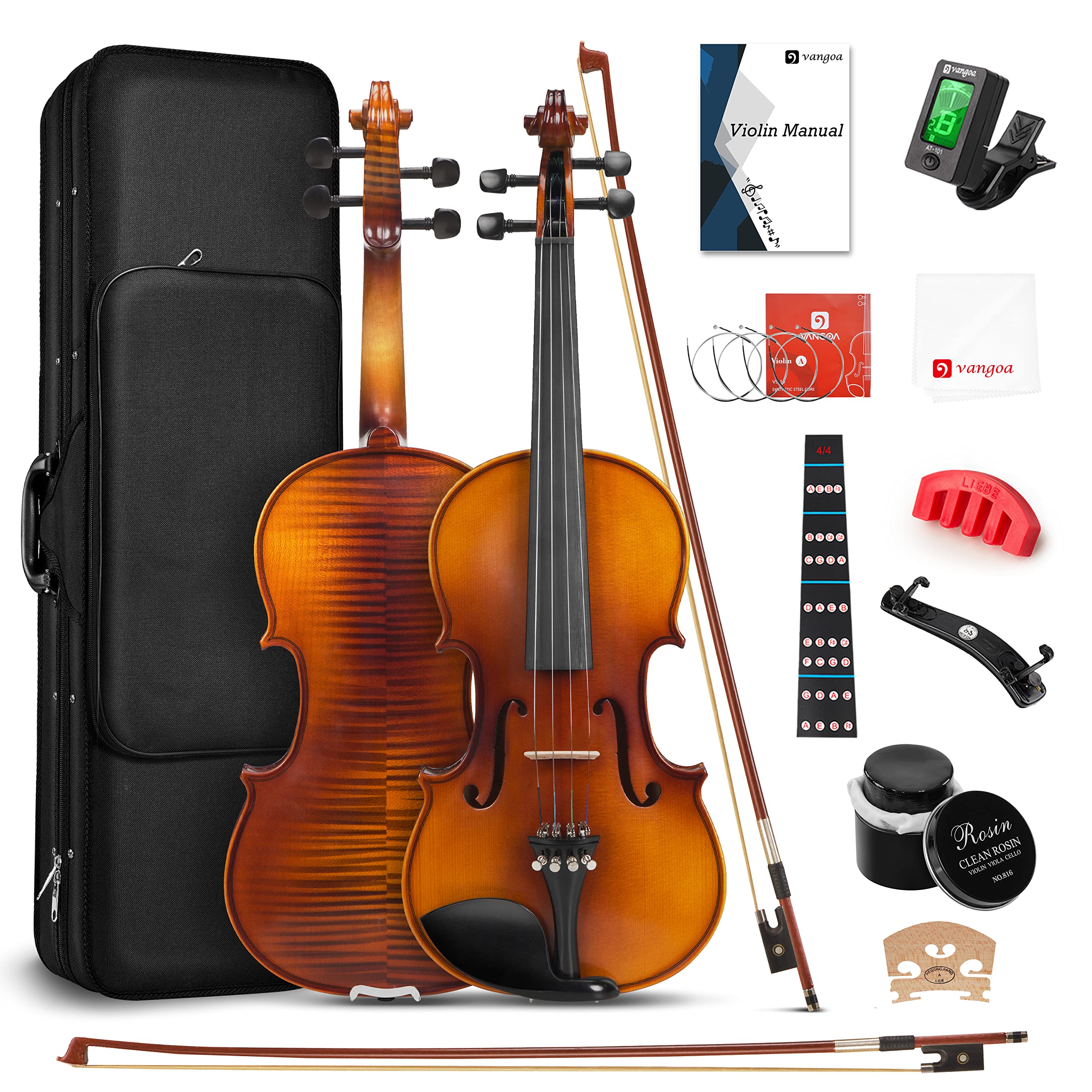Vangoa Conjunto de violino 4/4 tamanho completo violino violino violino profissional madeira maciça abeto superior combinando padrão de madeira bordo exclusivo kit de iniciante de violino ajuste ébano premium para adultos iniciantes