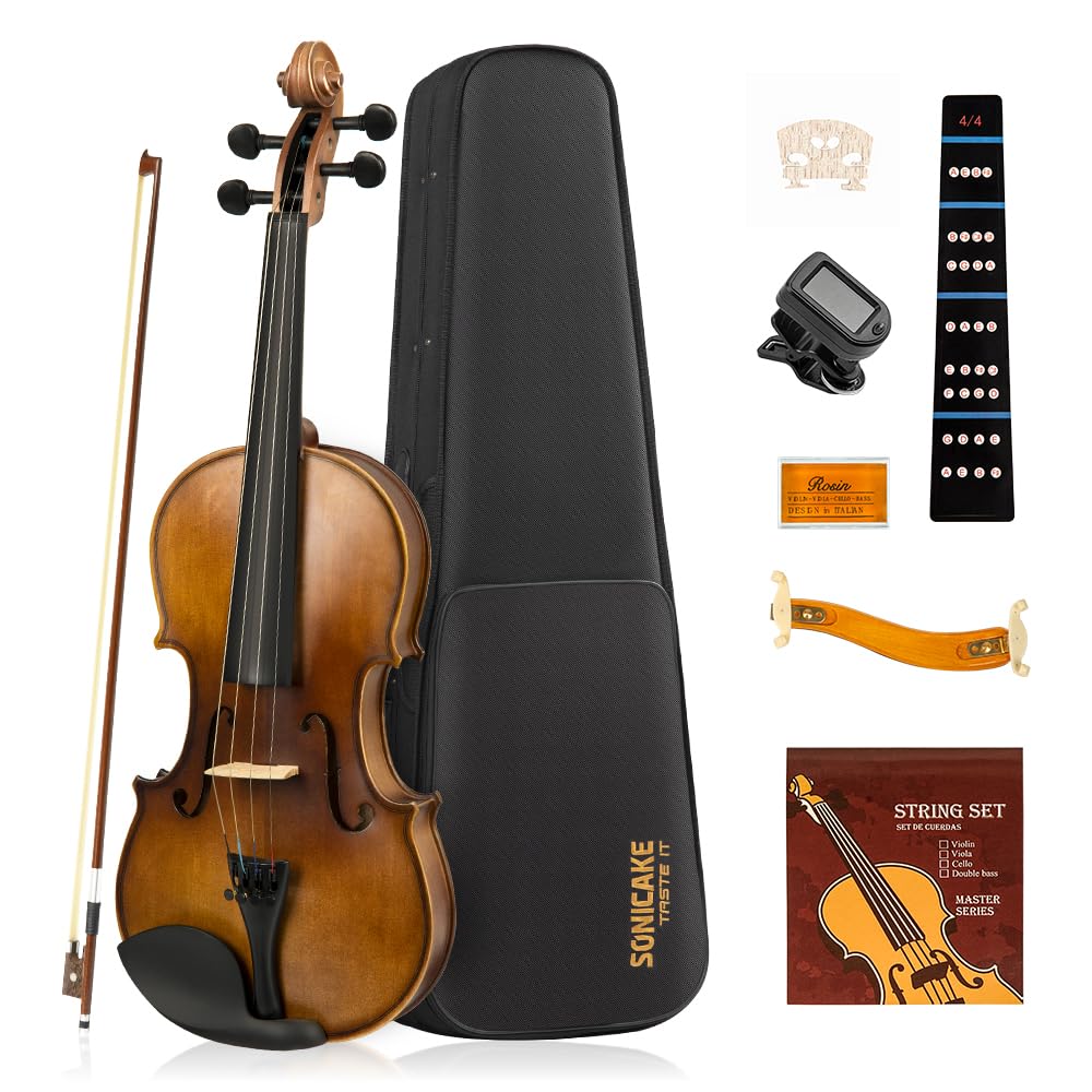 SONICAKE Conjunto de violino 4/4 de violino de madeira maciça para adultos com estojo rígido, descanso de ombro, resina, laços, afinador de encaixe e cordas extras, QVL-01