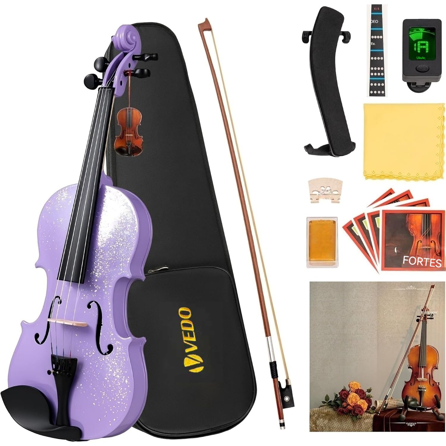VEDO Conjunto de violino 4/4 tamanho normal, violino fosco, adequado para iniciantes e adultos, inclui estojo rígido, breu, apoio de ombro, arco, afinador e cordas extras.