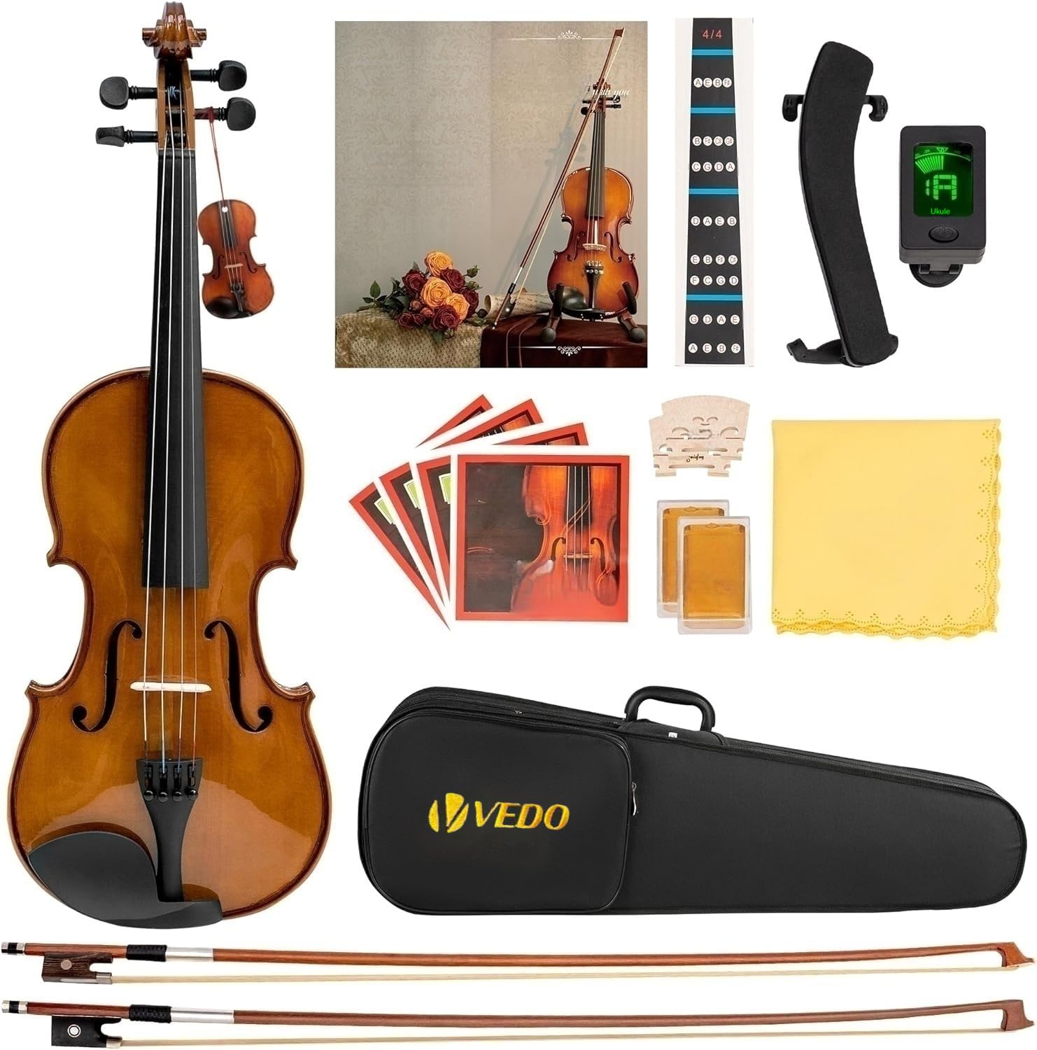VEDO Conjunto de Violino 4/4 Tamanho Normal Fosco | Adequado para Iniciantes e Adultos, Inclui Estojo Rígido, Inclui Breu, Apoio de Ombro, Arco, Inclui Afinador e Cordas Extras