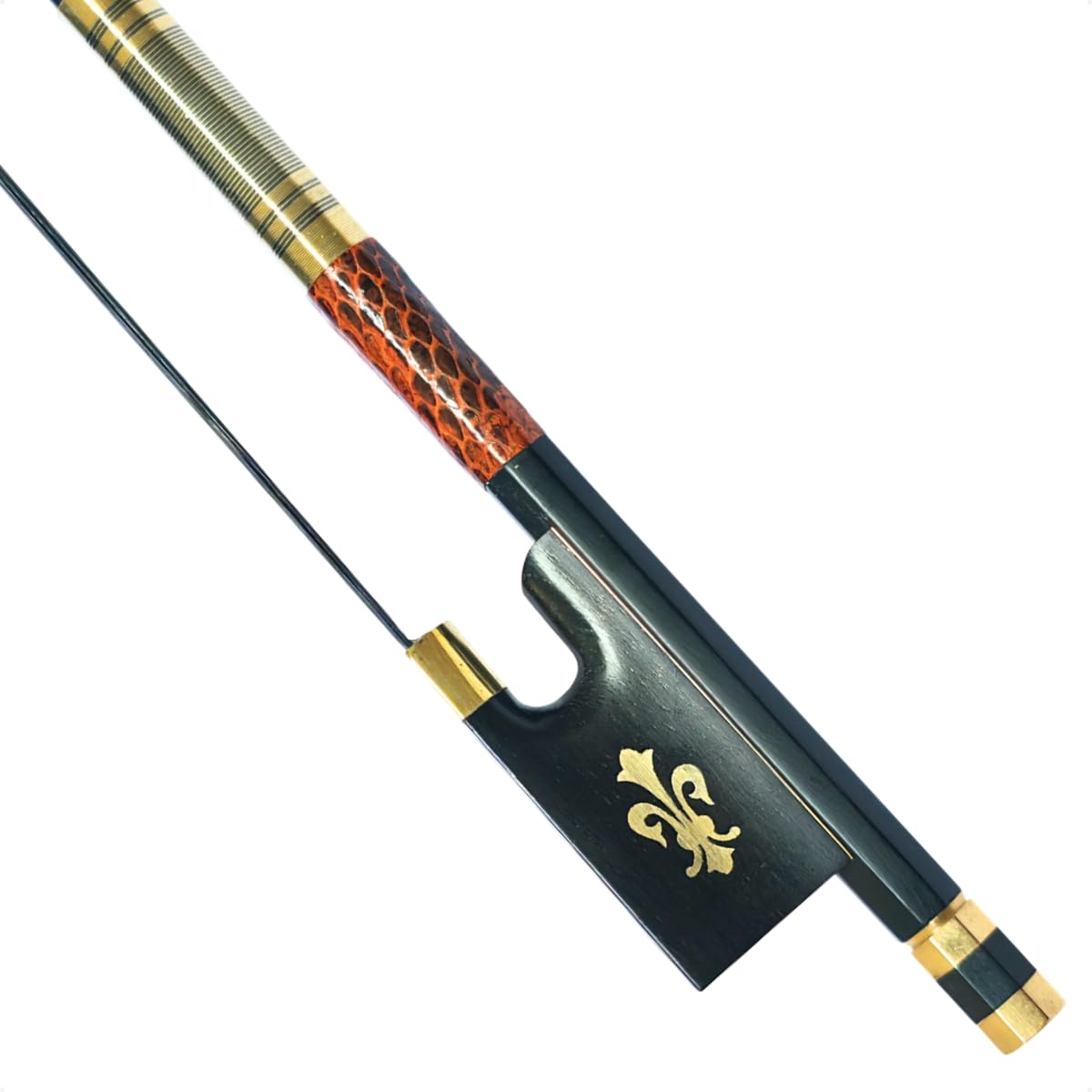 Arco Violino 4/4 Fibra Carbono Crina Animal Natural Preto Flor Lis Dourada | Talão de Ébano, Peso 60-63g, 74,5cm Comprimento, Acabamento Fosco Black, Todos os Níveis