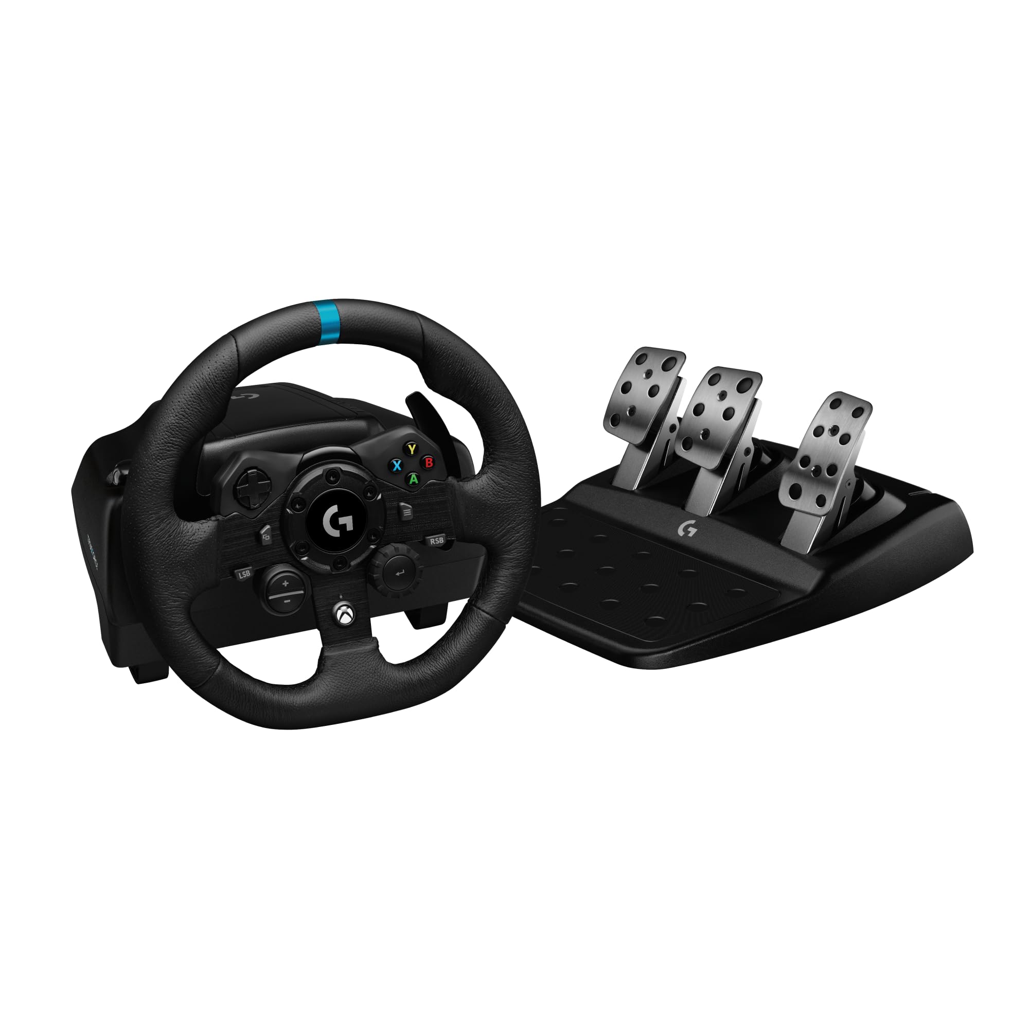 Logitech G 923 TRUEFORCE Volante de corrida e pedais até 1000 Hz Force Feedback, pedal personalizável, embraiagem dupla, volante coberto de couro autêntico para Xbox Series X, S, Xbox One, PC, preto