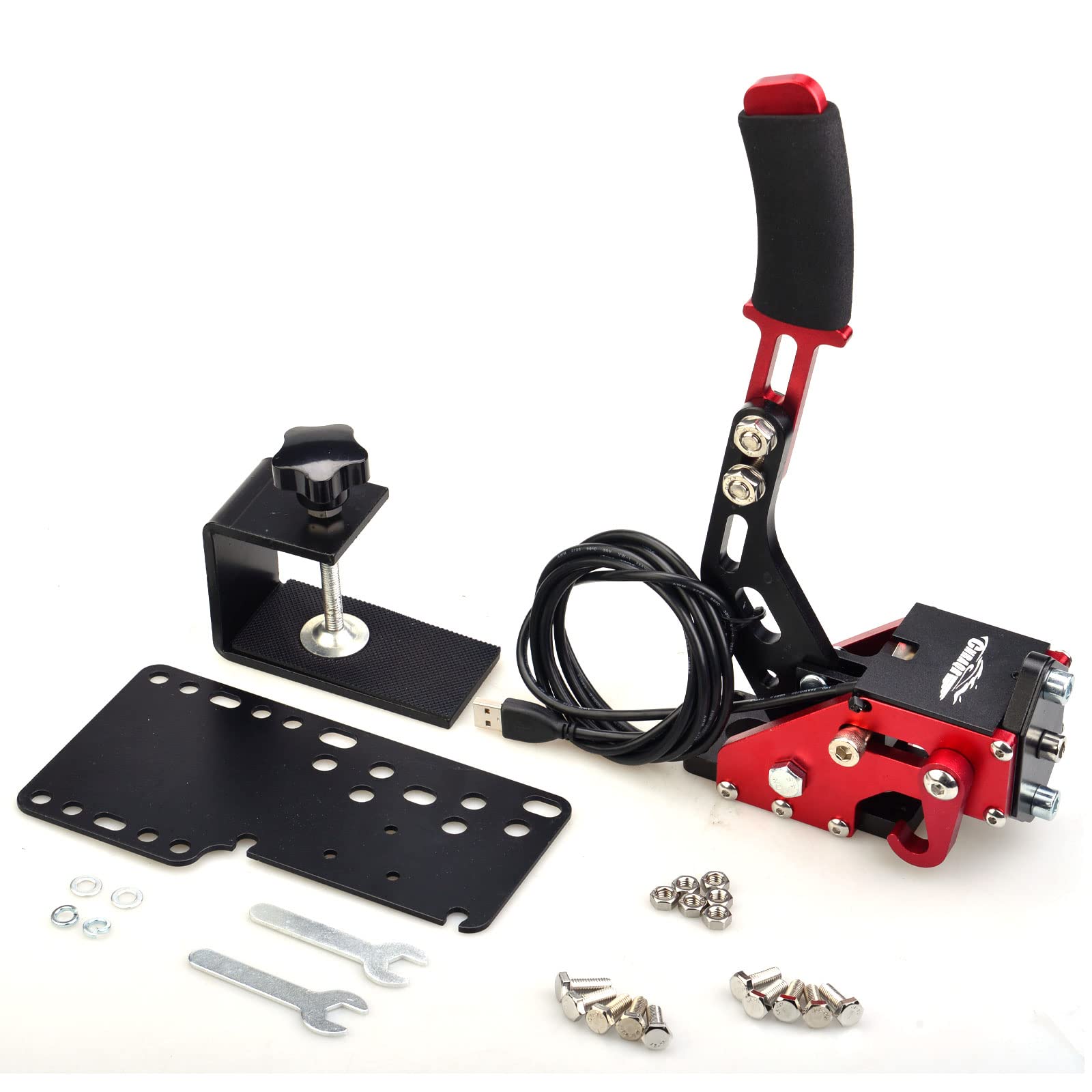 CNRAQR PC Racing Game USB Handbrake for 16Bit SIM for Racing Games, Compatible with G27 G29 G923 T500 T300 Simulate Linear Handbrake Red（With Fixing Clip and Plate