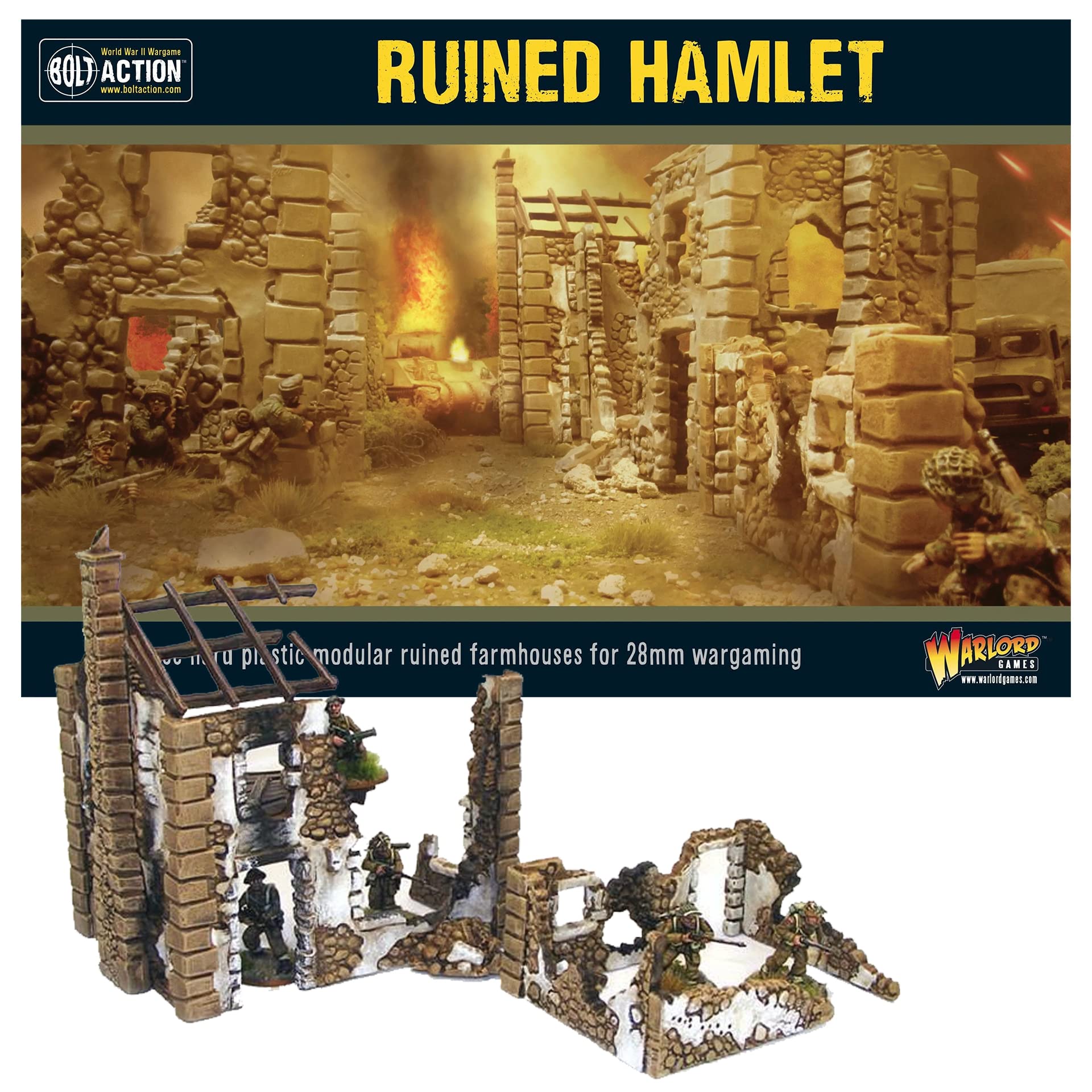 Wargames Delivered - Ruined Hamlet 28mm Miniatures - Action Figures Includes 3 Ruined Versatile Houses for Using in War Scenario, Digital Bundle - WW2 Diorama Plastic Model Kit by Warlord Games