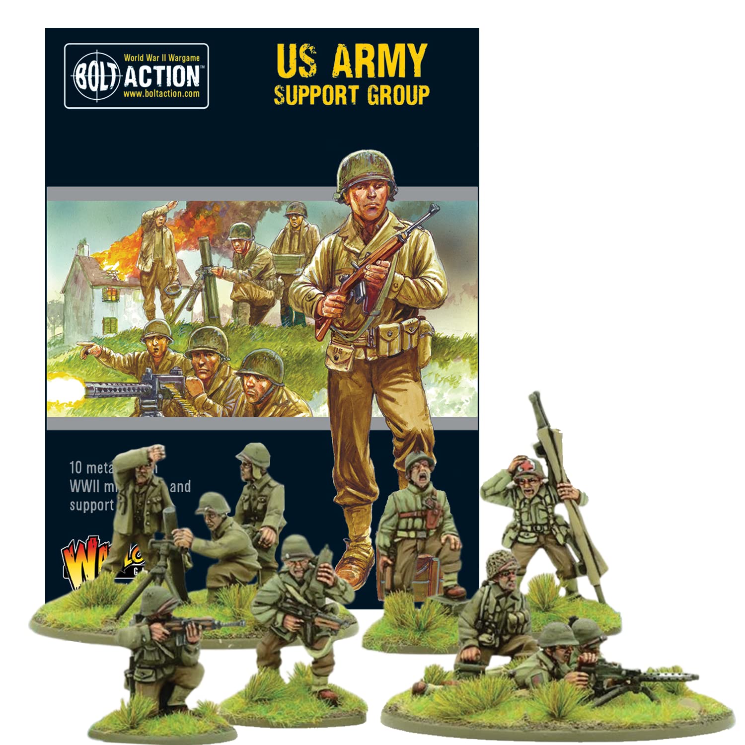 Wargames Delivered - Bolt Action US Army Support Group 28mm Miniatures Includes 10 Metal Miniatures, 1 HQ, 1 MMG Team, 1 Medium Mortar Team, Digital Bundle - Action Figures Model Kits by Warlord Games