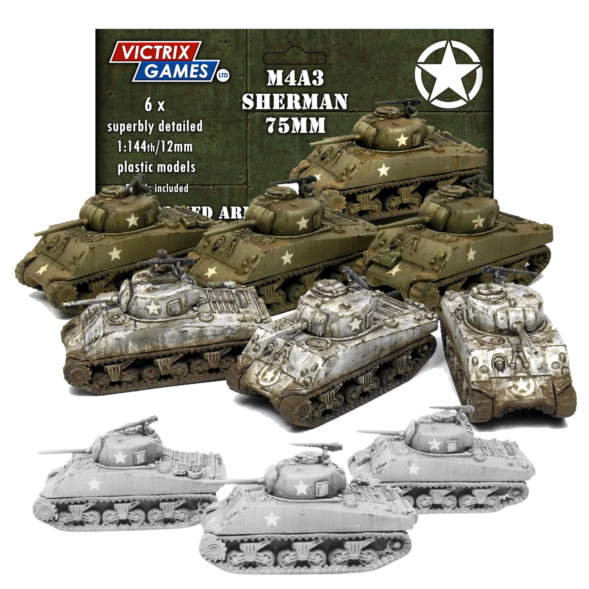 Wargames Delivered - Conjunto de regatas Victrix Sherman M4A3 75 mm - 6 miniaturas altamente detalhadas da Segunda Guerra Mundial em escala 12 mm/1:144 - Kit de bonecos de plástico durável para jogos
