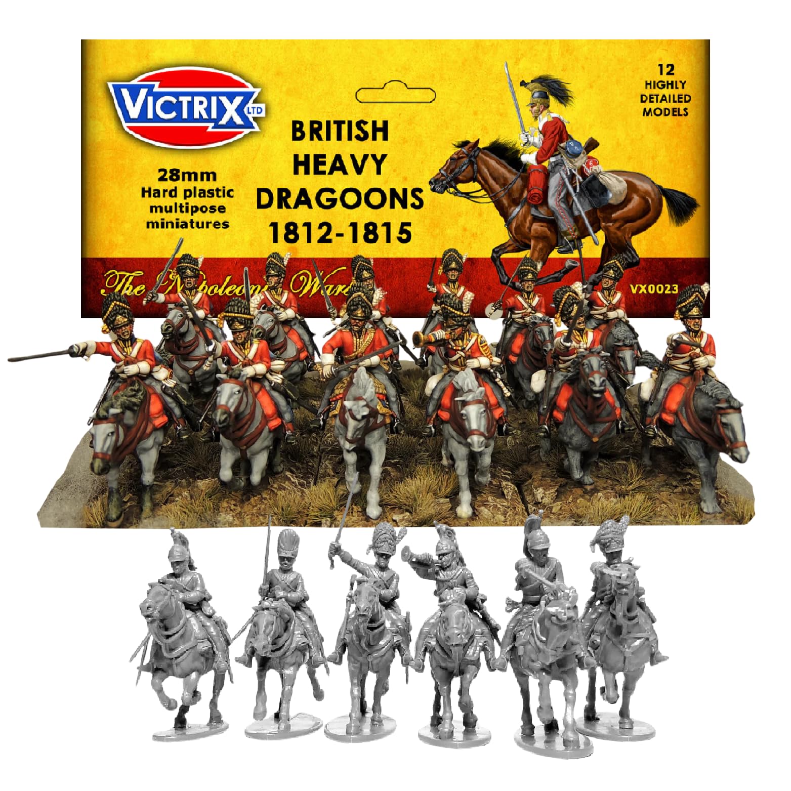 Wargames Delivered - Conjunto de Dragões Napoleônicos Britânicos Victrix, 12 miniaturas altamente detalhadas de 28 mm com opções de cinza escocês para jogos de guerra e jogos de estratégia de mesa
