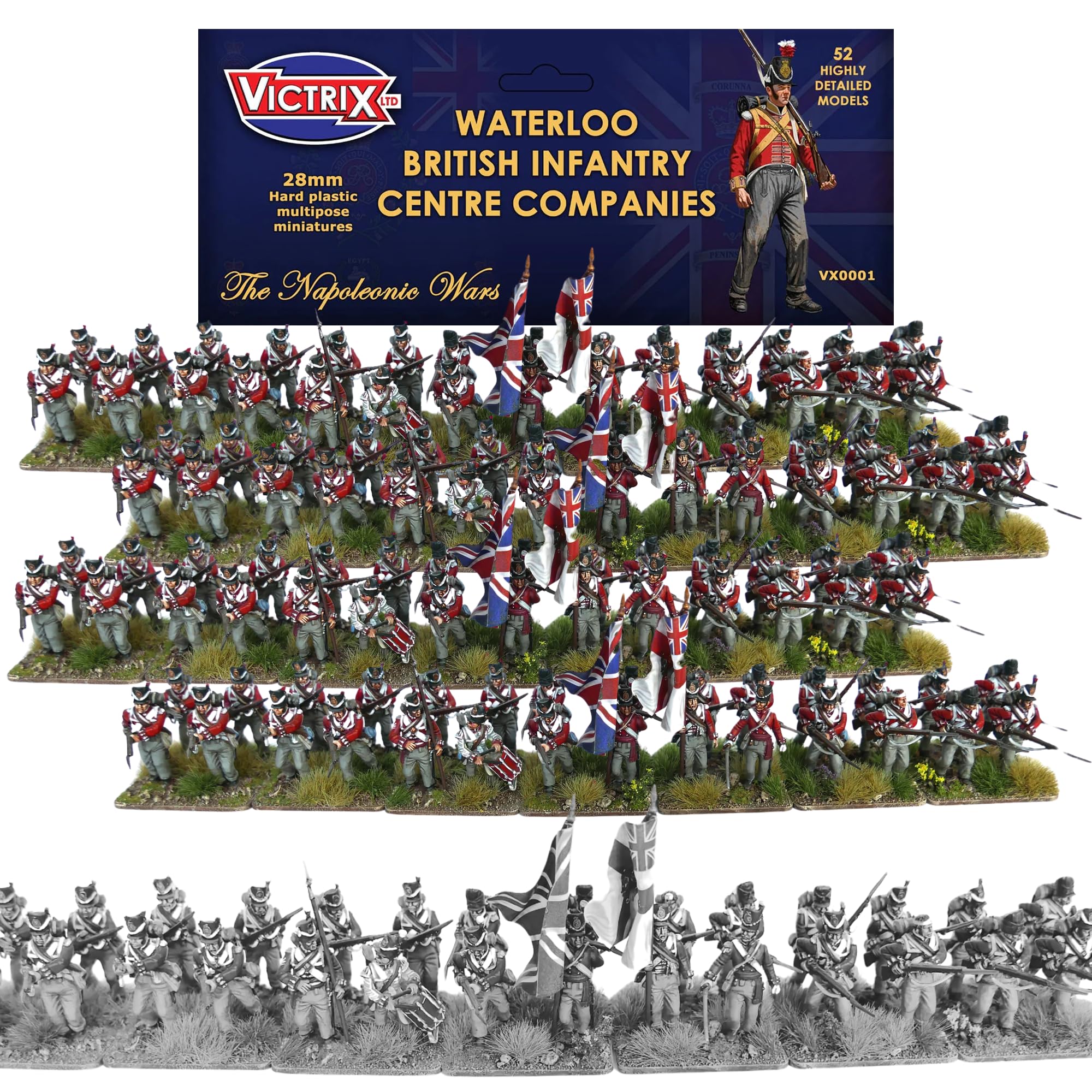 Wargames Delivered - Conjunto de Companhias do Centro de Infantaria Britânica Victrix Waterloo, 52 miniaturas multipostas detalhadas de 28 mm com Shakos belgas para dioramas de guerra napoleônicos