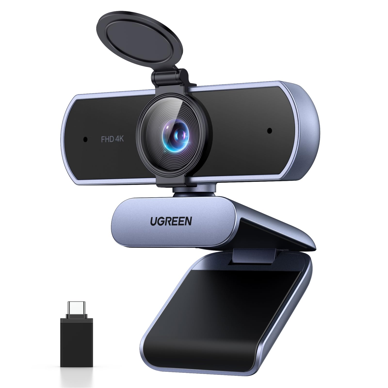 UGREEN Webcam 4K UHD para PC Foco Automático PDAF com Microfone Antirruído | Tampa de Privacidade, FOV 70°, Plug & Play com Adaptador USB-A e USB-C para Streaming, Conferência, Videochamada