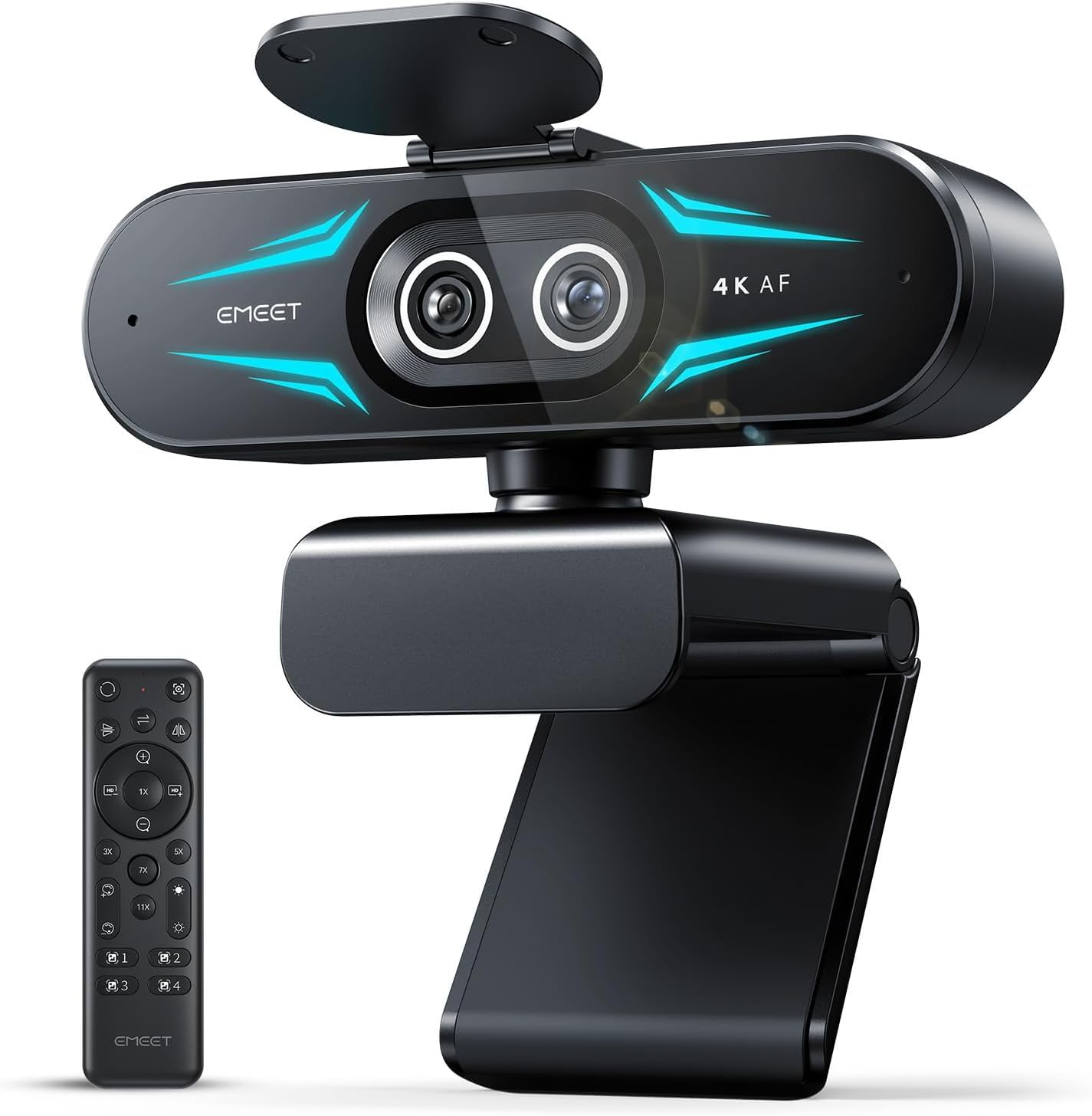 Webcam EMEET C60E com duas câmeras 4K para streaming, grande angular e teleobjetiva | Zoom híbrido de até 11x e foco automático PDAF, controle remoto, iluminação RGB, 2 microfones