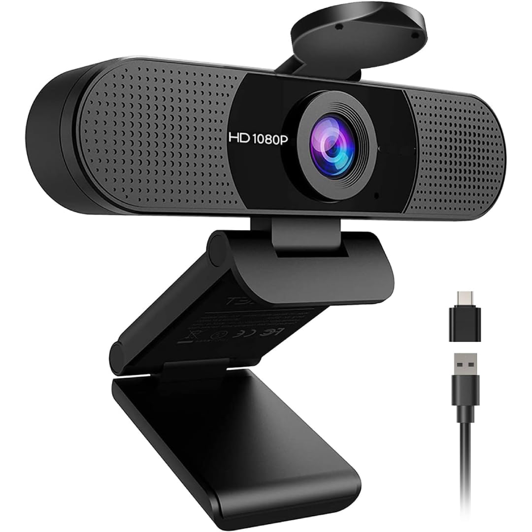 Webcam Full HD 1080p com Microfone Duplo, Câmera USB com Tampa de Privacidade, Grande Angular 90°, Correção Automática de Luz e Adaptador A-para-C