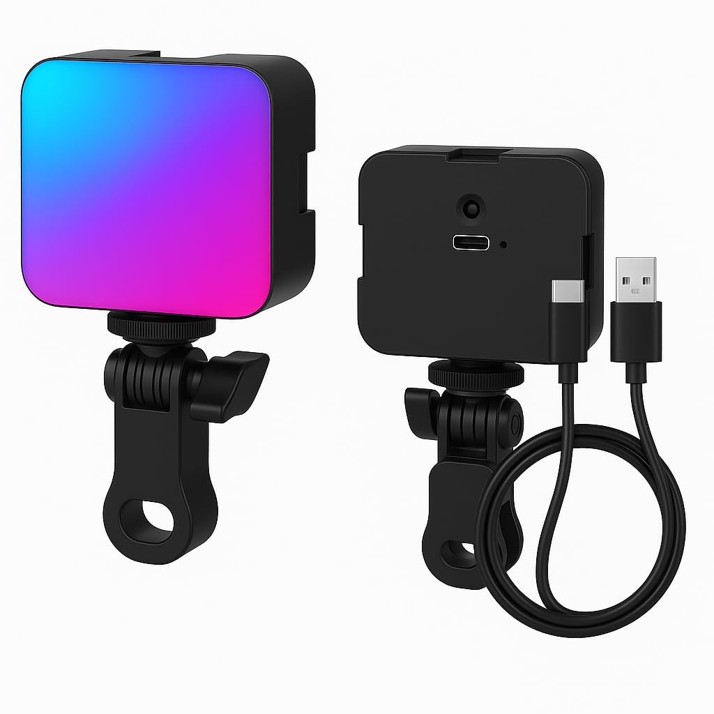 Luz LED RGB Portátil Recarregável Clip-On para Celular, Notebook, Webcam, Vídeos, Lives, Selfies, Reuniões, Iluminação Profissional com 3 Níveis de Brilho e 9 Cores