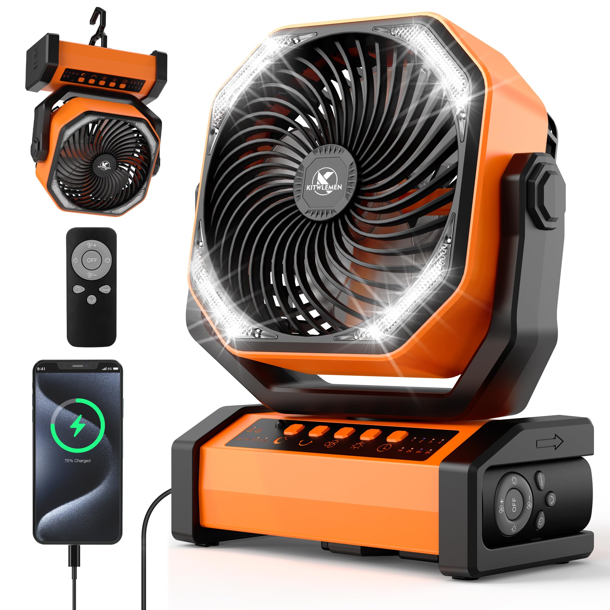 KITWLEMEN Ventilador de acampamento de 20000 mAh com luz LED, ventilador de mesa