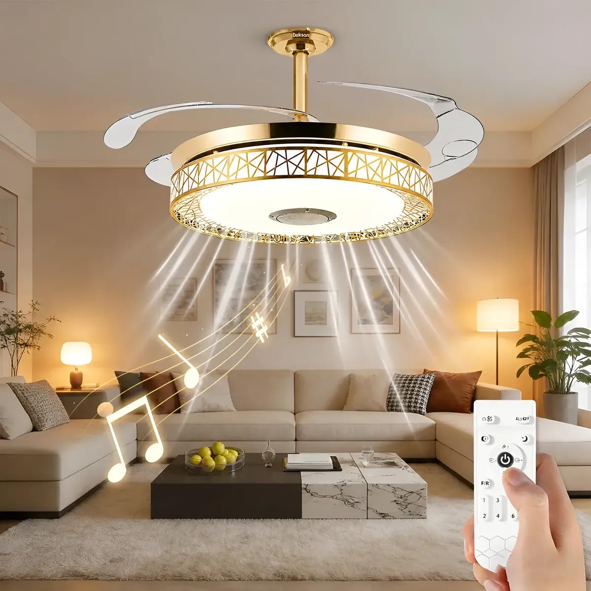 Daksan Ventilador de Teto 108cm dourado com Luz – 4 Pás, Diâmetro da Lâmpada 48cm,