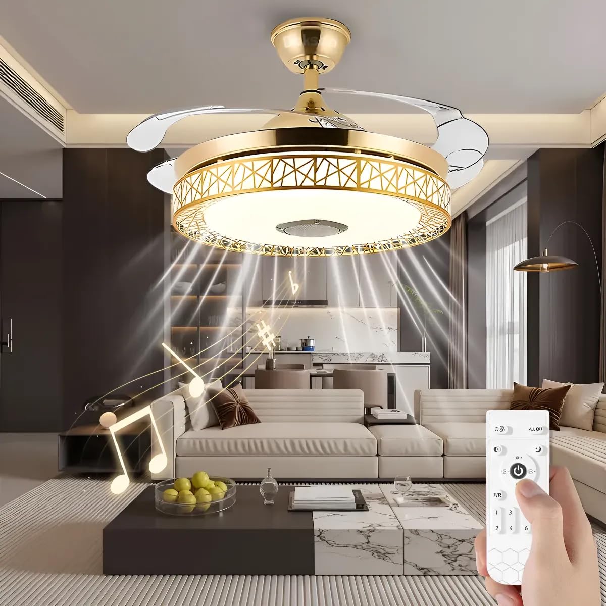 Daksan Ventilador de Teto 108cm Dourado com Luz LED 72W e Bluetooth - 4 Pás, Diâmetro