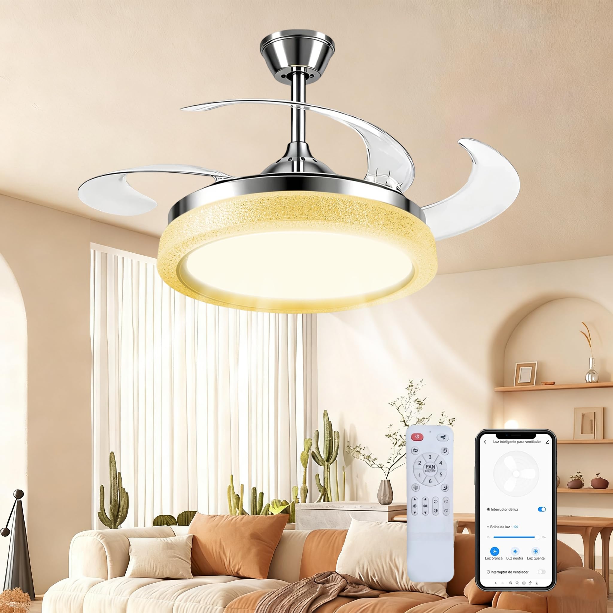 Hivento Ventilador de Teto Retrátil 106 cm com Luz LED, Controle Remoto e App, 6